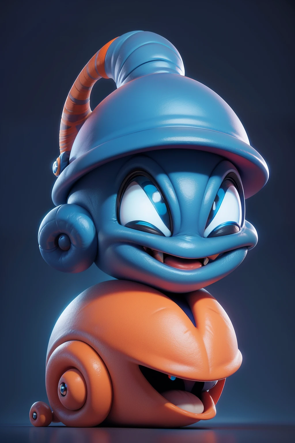 Funny navy blue sexy alien, wearing an orange snail hat on top of his head, green hair, exaggerated laughter, flies astride a mechanism of a strange vintage design. Cartoon style. 3D Rendering. Super-realistic, Cinematic, a closeup of a, Composition in the center, Pure black-blue-red background, Best Quality, 4k, details face
