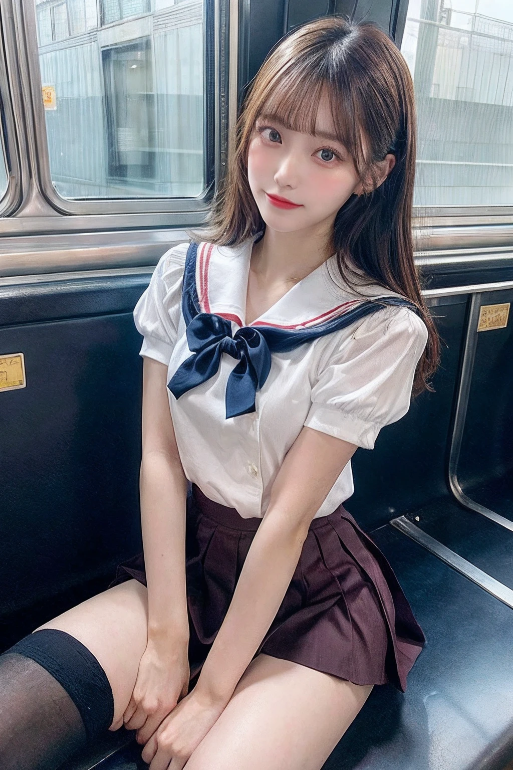 Top quality, masterpiece, realistic, photorealistic, bright lighting, 1 girl, very beautiful 17 year old girl, (kawaii:1.2), thin smile, (brown eyebrows), (bangs), perfect skin, ( (Precise hands without discomfort)), Big and plump breasts, narrow waist with big breasts, look at the viewer, ((sailor uniform)), ((short-sleeved uniform white shirt)), (red tie), ( Blue mini pleated skirt), sock rack knee socks), (loafer shoes), daytime, on a train, on a horizontal seat with your back to the window,