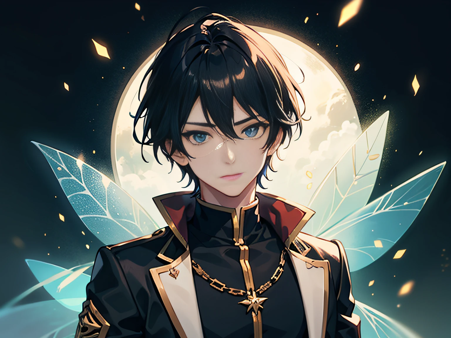 A boy is 20 years old，Black color hair，blue color eyes，Handsome，Fairy elements，Illustration anime style，Dark 4K, hyper HD, Masterpiece
