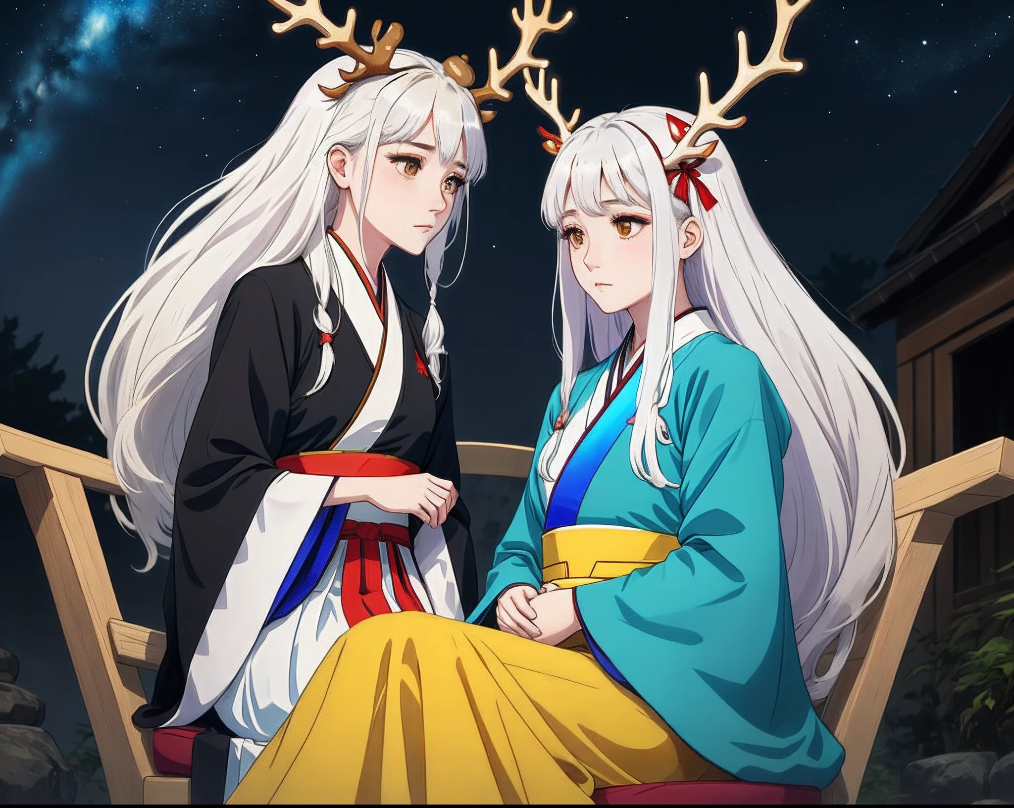 gold eyes，White hair，It has antlers on its head，woman，Rainbow-colored Hanfu，Sit cross-legged on a round cushion，nigh sky，There is a glow around you，A solemn expression