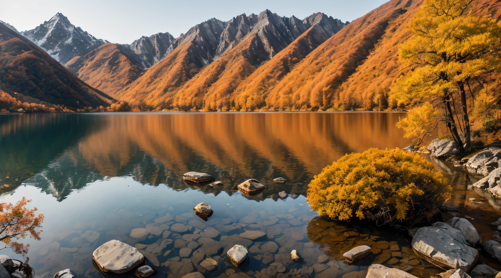 RAW photos of landscapes, small details, realistic, ultra-realistic photos, 8k ultra hd, DSLR, soft light, high quality, film grain, Fujifilm XT3, (masterpiece) a beautiful Chinese mountain and lake, Li Bai's autumn wind words, (masterpiece), (original photo), (very detailed CG unified 8k wallpaper) intricate, clear focus,