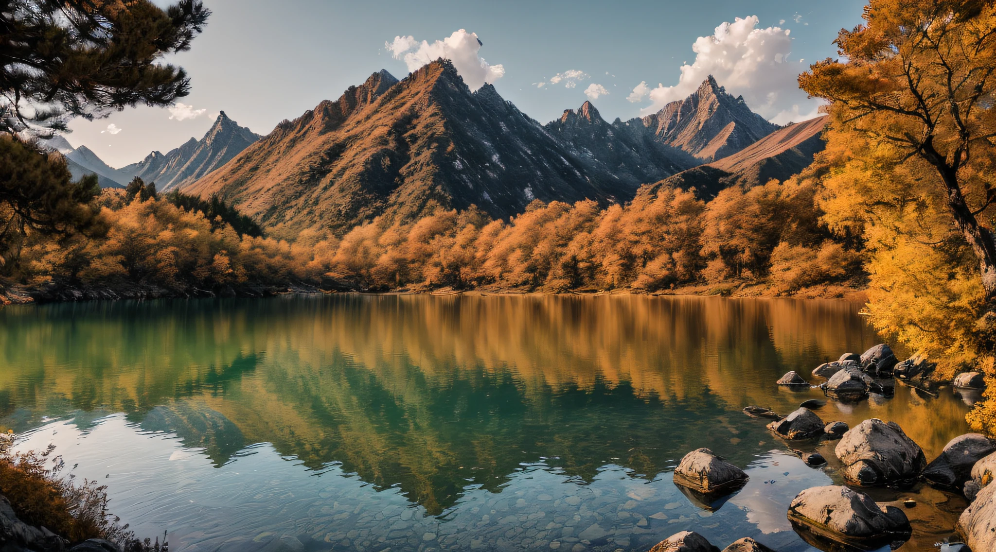 RAW photos of landscapes, small details, realistic, ultra-realistic photos, 8k ultra hd, DSLR, soft light, high quality, film grain, Fujifilm XT3, (masterpiece) a beautiful Chinese mountain and lake, Li Bai's autumn wind words, (masterpiece), (original photo), (very detailed CG unified 8k wallpaper) intricate, clear focus,