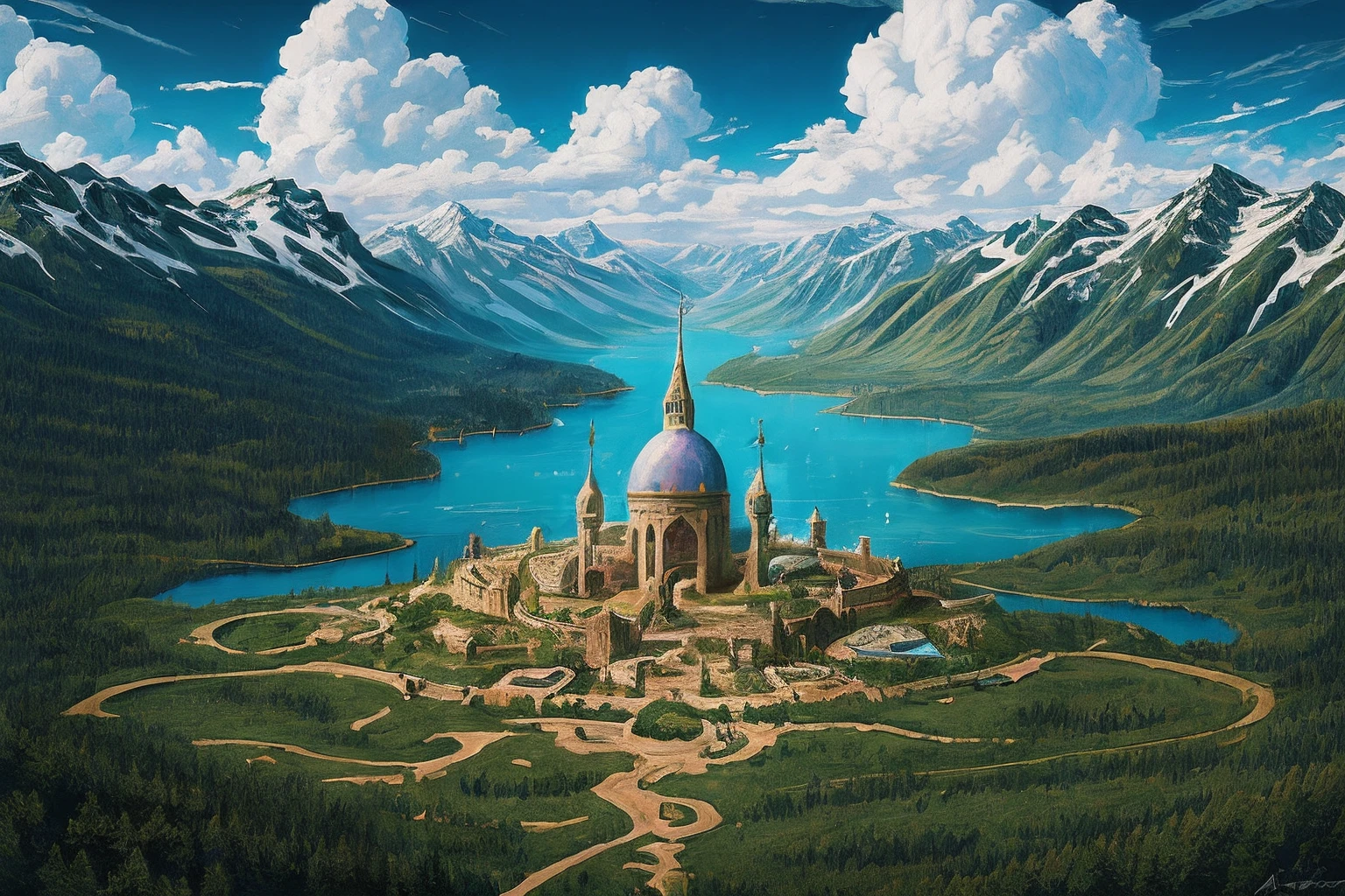 Elf Kingdom, house full of design, forest, lake, sky, clouds, fantasy incredible, supersaturated, surreal, Pixar style, high resolution, artgerm, masterpiece, super detailed, epic composition, high quality, highest quality, 16k