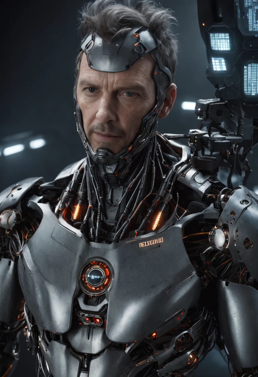 (((um homem))), master part, With biomechanical suits, futuristic background (metal skin with electronic circuits: 1.2), extremamente detalhado, intricate with lights and luminous electronic circuits, (como Dr. Gregory House:1.4). (8k, qualidade superior, melhor qualidade, obra-prima, altamente detalhado: 1.2), (de meio corpo:1.3)