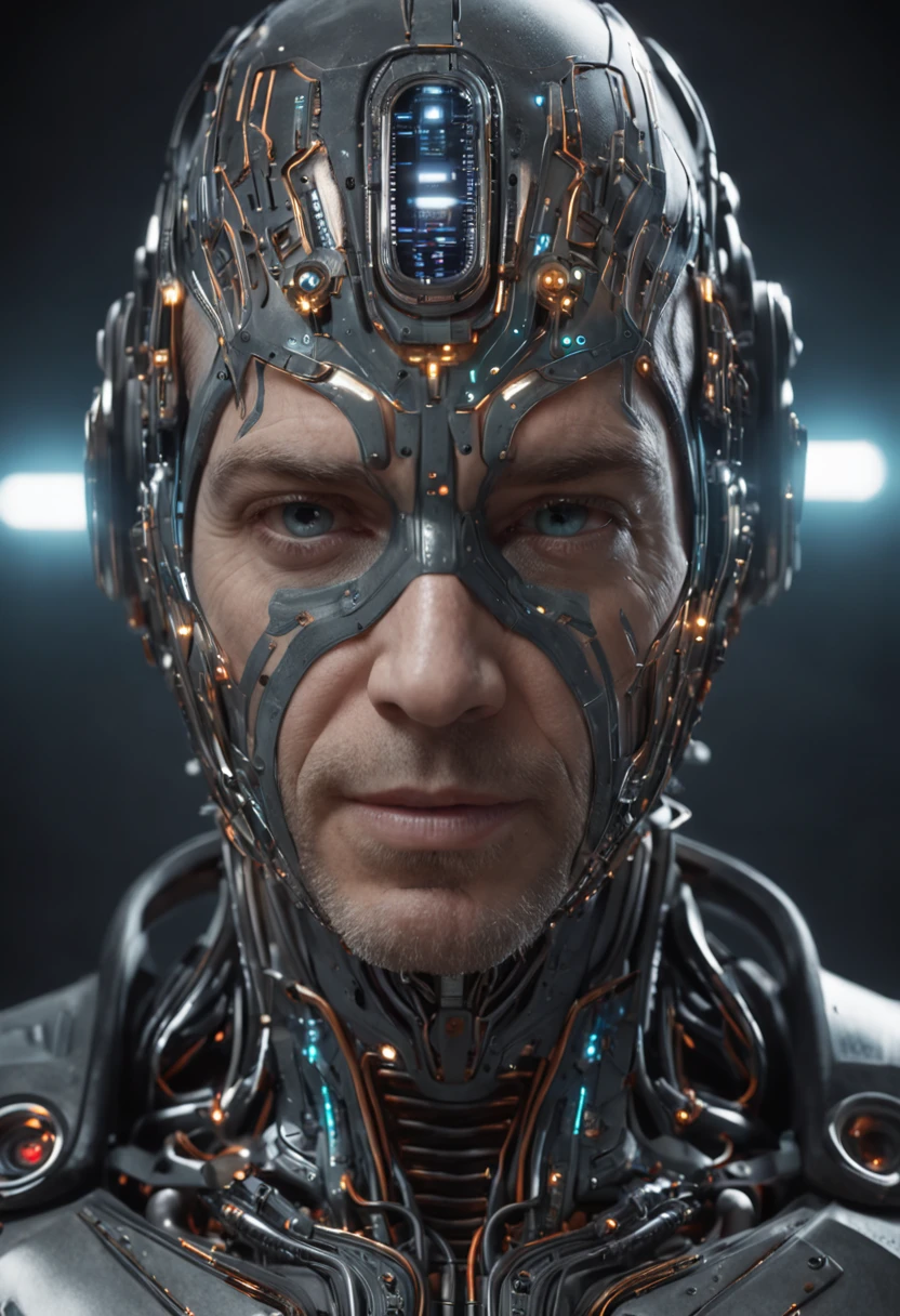 (((um homem))), master part, With biomechanical suits, futuristic background (metal skin with electronic circuits: 1.2), extremamente detalhado, intricate with lights and luminous electronic circuits, (como Dr. Gregory House:1.4). (8k, qualidade superior, melhor qualidade, obra-prima, altamente detalhado: 1.2), (de meio corpo:1.3)