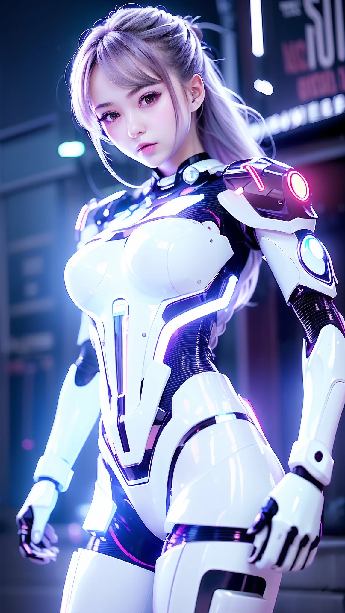 mech nurse head cap,necomimi,blonde hair,realistic and intricate perfect beauty face,flat chest,,perfect sharp blue glowing eyes, detailed face,((in realistic neon-lit sci-fi white plugsuit metal mech parts and with neon-lit lights)), sit a silver box,masterpiece,front face,