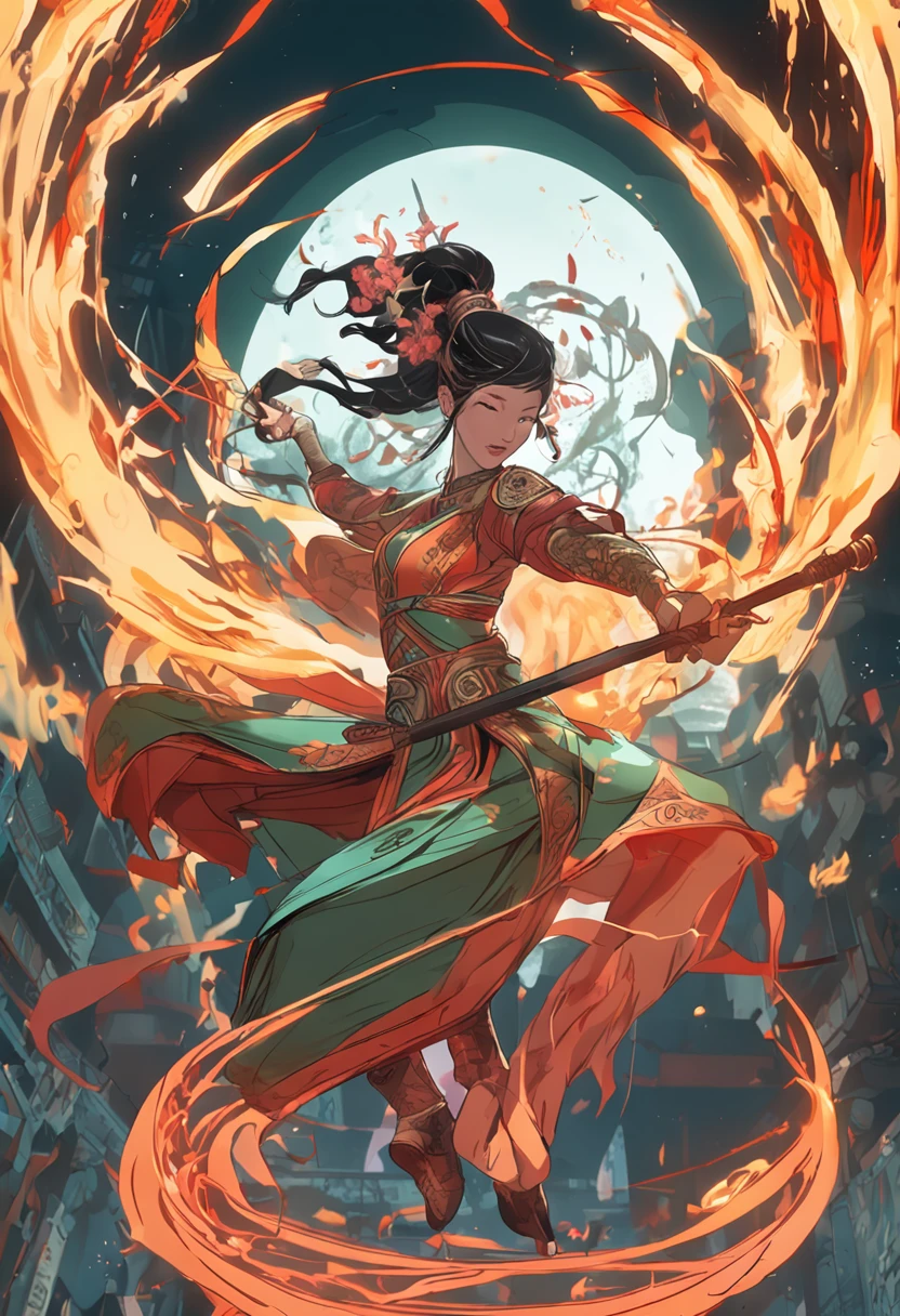 Fisheye lens lens,The background is flames,Chinese girl dancing swords,Wearing a Tang costume,One guy,Upward light,Ray-traced edge light,glowing effect,grexaggerated movements,exaggerated perspectives,orange colors,green color,Realistic Ultra - Detailed rendering style,super
detail,beater,octanerending