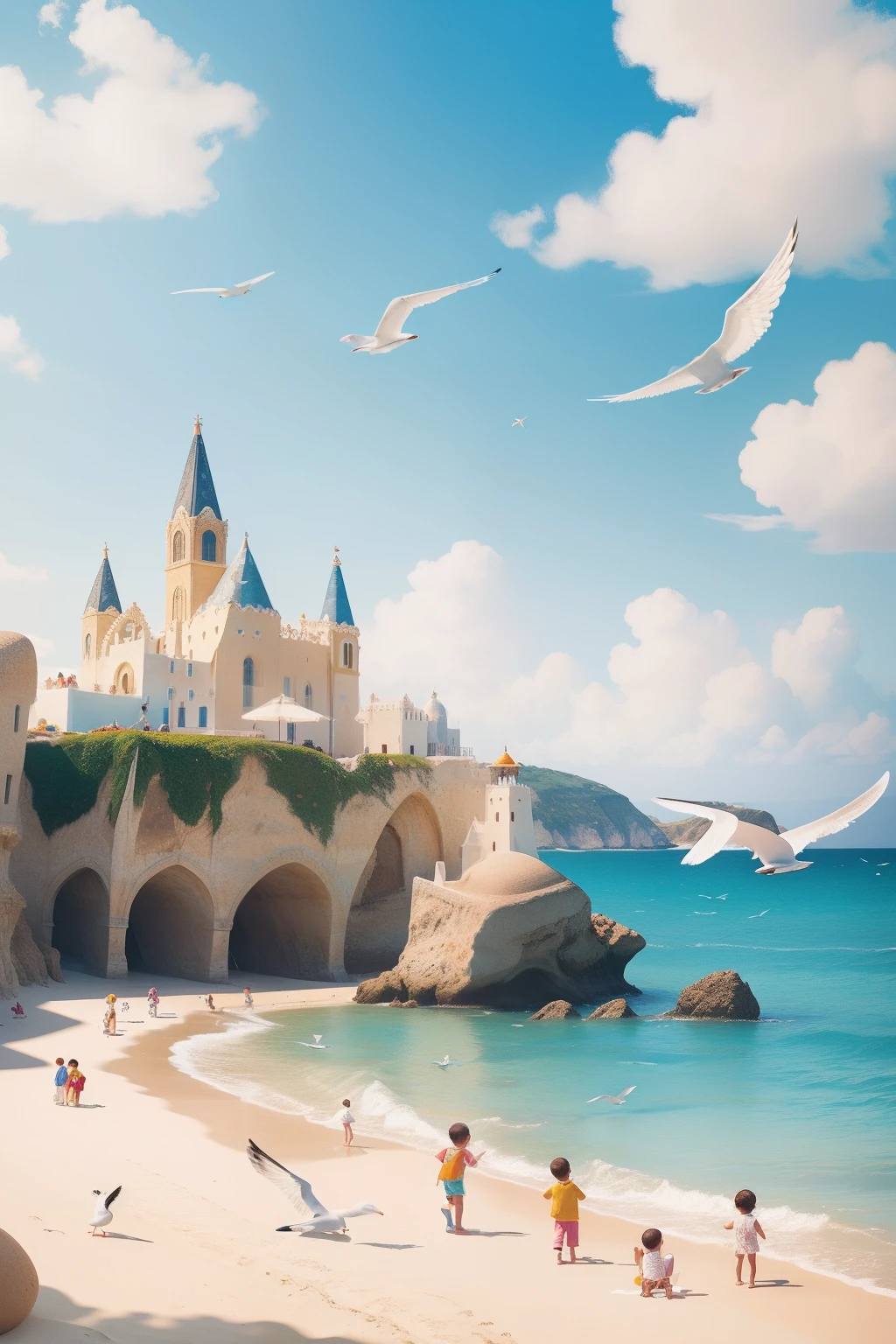 A serene beach scene with children building sandcastles and seagulls soaring overhead, rendered in the luminous, dreamlike style of Salvador Dalí.