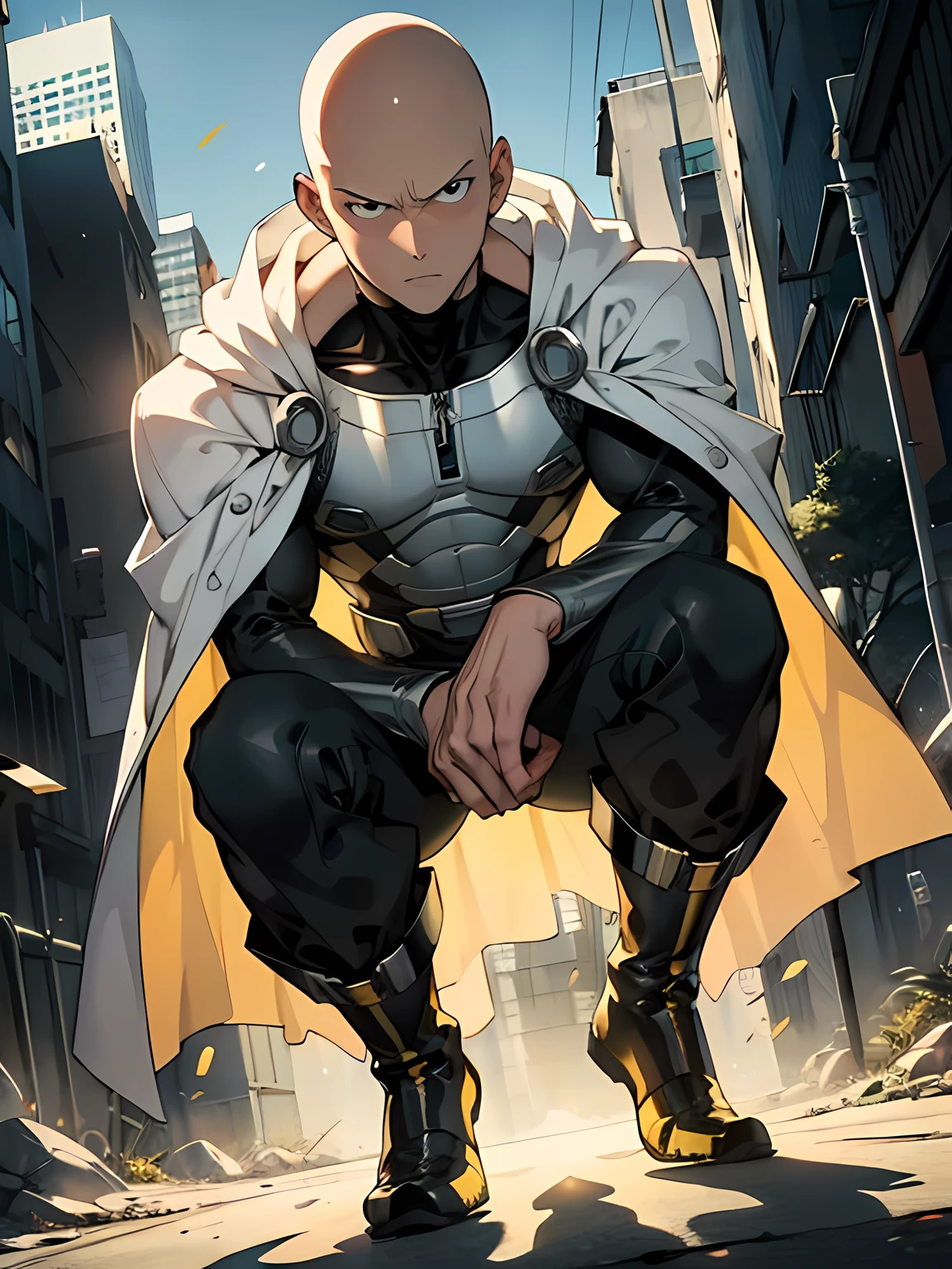 1man,Bald, Saitama, One Punch man, Black eyes, perfect face, yellow super hero suit, white cape, Red Boots, city, absurdres, high res, ultra sharp, 8K, masterpiece, looking at viewer