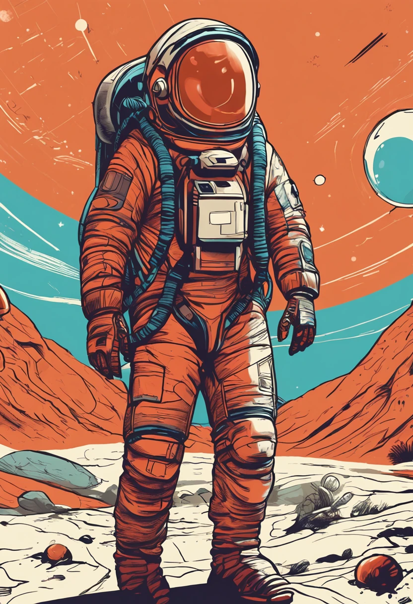 An adventurous man character wearing an advanced space exploration suit, explorando planetas desconhecidos