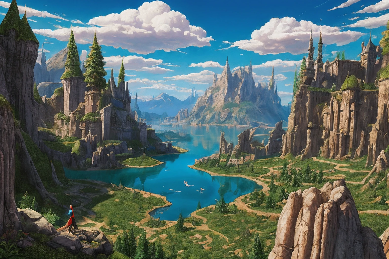 Elf Kingdom, house full of design, forest, lake, sky, clouds, fantasy incredible, supersaturated, surreal, Pixar style, high resolution, artgerm, masterpiece, super detailed, epic composition, high quality, highest quality, 16k