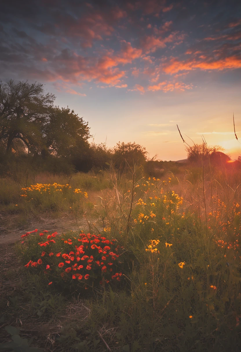 country road,Roadside weeds,Wildflower decoration,horizon,sunraise,Sky blank clouds,Childhood memories