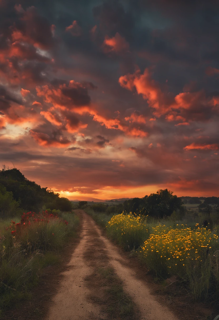 country road，Roadside weeds，Wildflower decoration，horizon，sunraise，Sky blank clouds， memories