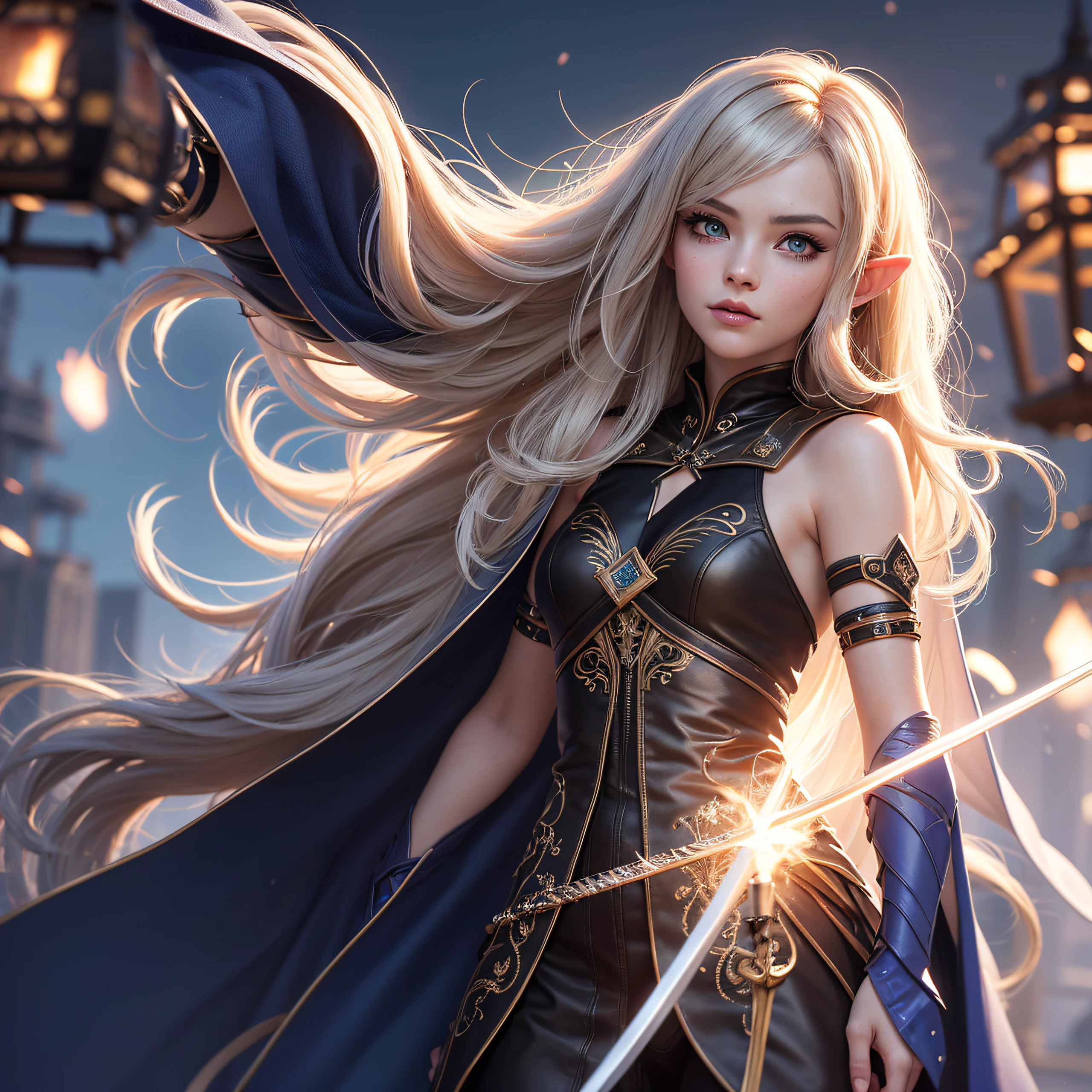 Top and side view of the game character, seen from the back, Game Location, Camera distance 5 meters, (Skindentation: 1.5), realisti, photo-realistic, (tmasterpiece: 1.5), ConceptArt, game character from the game Archeage, Elf girl with a sword in her hand, The blade of the sword glows blue, Archeage game world, Complicated details, higly detailed, photo-realistic, Octane rendering, 8K, unreal-engine, dynamicpose, beste-Qualit, hight resolution, (realistic face: 1.1), (A hyper-realistic:1.2), ((full_cos)), Perfect eyes,(sparkly skin:1.17), (((hair-style))), (((perfect arms))), (Extremely detailed backgrounds), ((Dynamic background) ), ((zipper)), (light beams), ((a 1girl)), wearing cloak, (((flowing cloak))), ((A detailed eye, High-quality eyes, high-quality face, blue pupils)), (Extremely intricate clothes , Magical robes), longue blonde hair, (Wavy Hair:1.2), electricity, Energy, Swirling energy vortex, Radiant power, sparks, Smoke, Magic, ((dramatic)), Epic, Battlefield, Depth of field, bokeh, 4k, ghotic, Coals, Particles