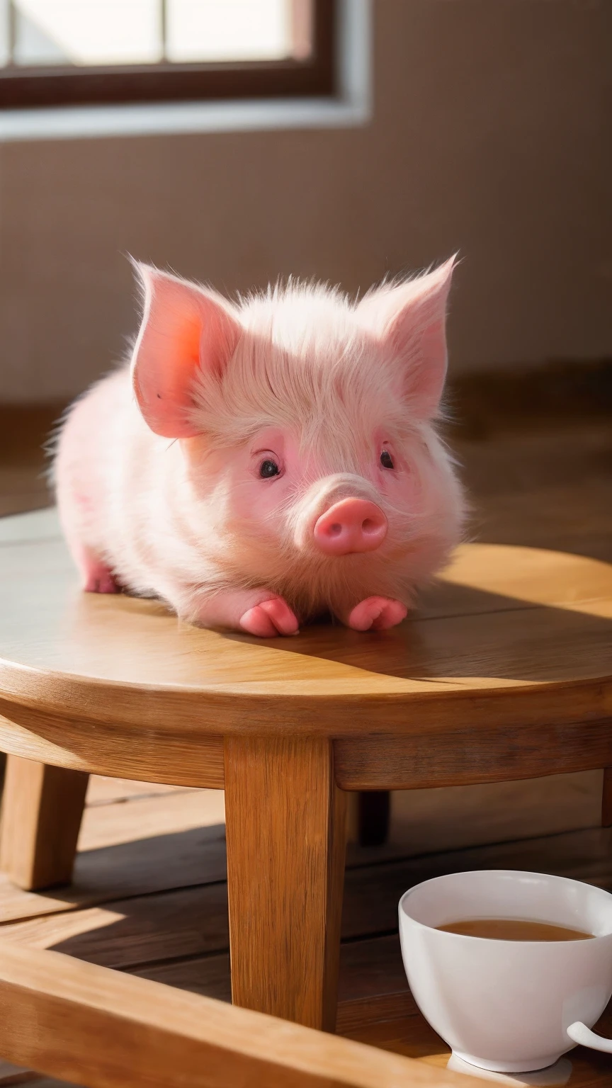 pigs, (Himalayan), (small)))), In a teacup, the face, Front paws extended, 8K, profesional photo, delicated, Pubic area is clear, On a table, inside the house, rays of sunshine, light leaks, tmasterpiece, ((prette))), Stylish teacup, (Realistis), plushies, round pupils