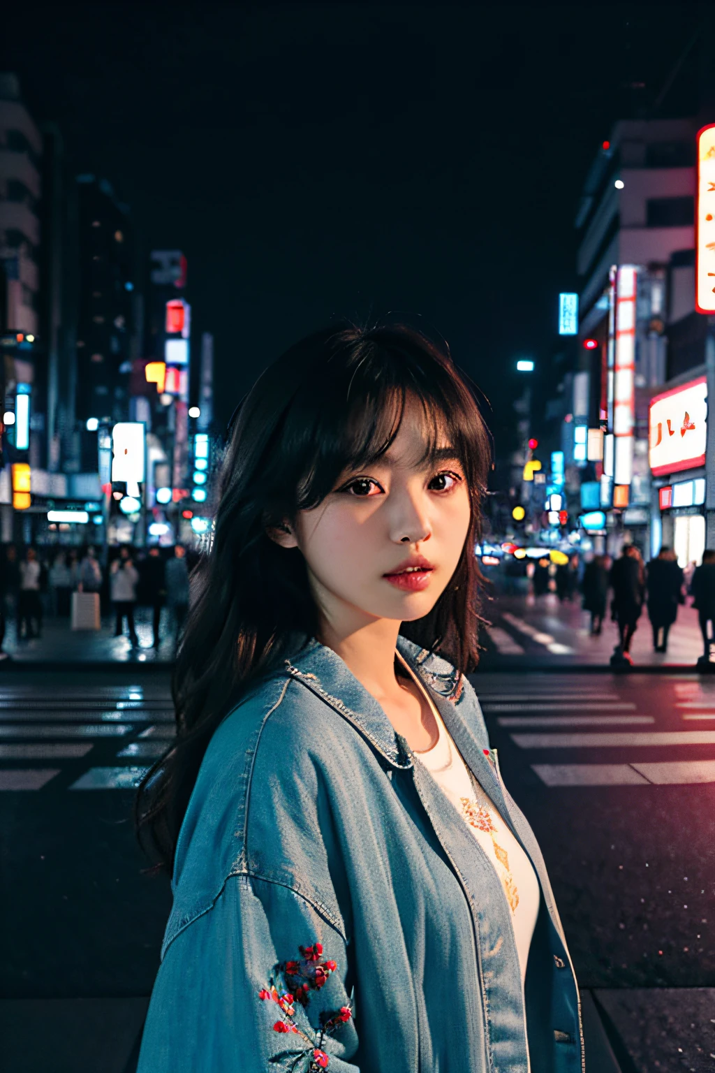 1girl, Tokyo street,night, cityscape,city lights, upper body,close-up, 8k, RAW photo, best quality, masterpiece,realistic, photo-realistic, wearing Japanese embroidered jacket