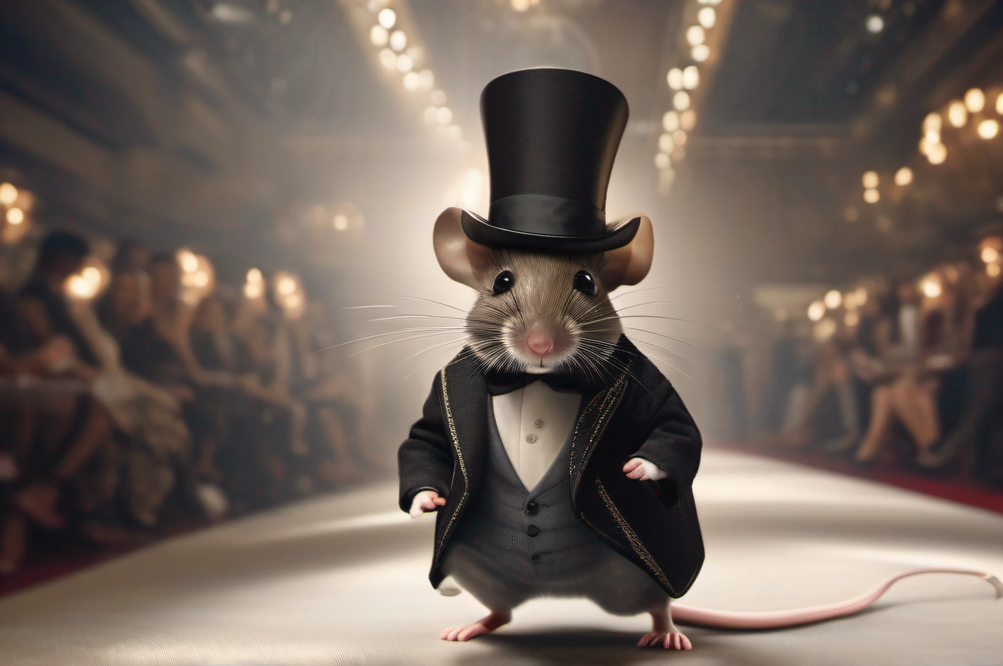RAW photo, best,masterpiece, best quality, high quality, extremely detailed,image of a mouse in a top hat, dressed in fancy clothes, walking down a fashion runway, hyper realistic detailed rendering, graceful pose, professional lighting, intricate details