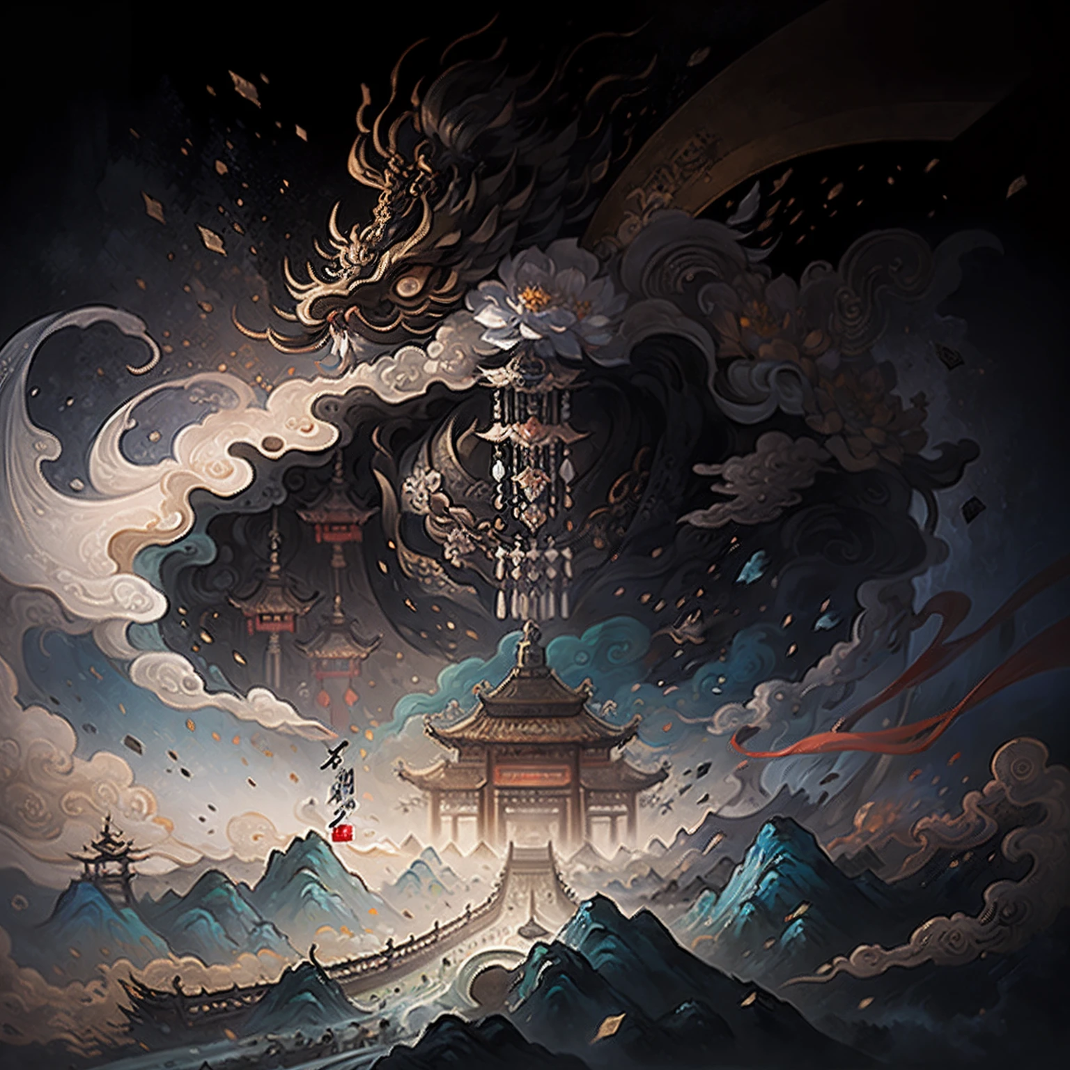 An ancient Chinese painting,Ancient Chinese background,Auspicious clouds,Pavilions,florals,Large areas of white space, tmasterpiece,super detailing,Epic composition,hyper HD,high qulity,extremely detaile,offcial art,Unity8k wallpapers,super detailing,32k - v6