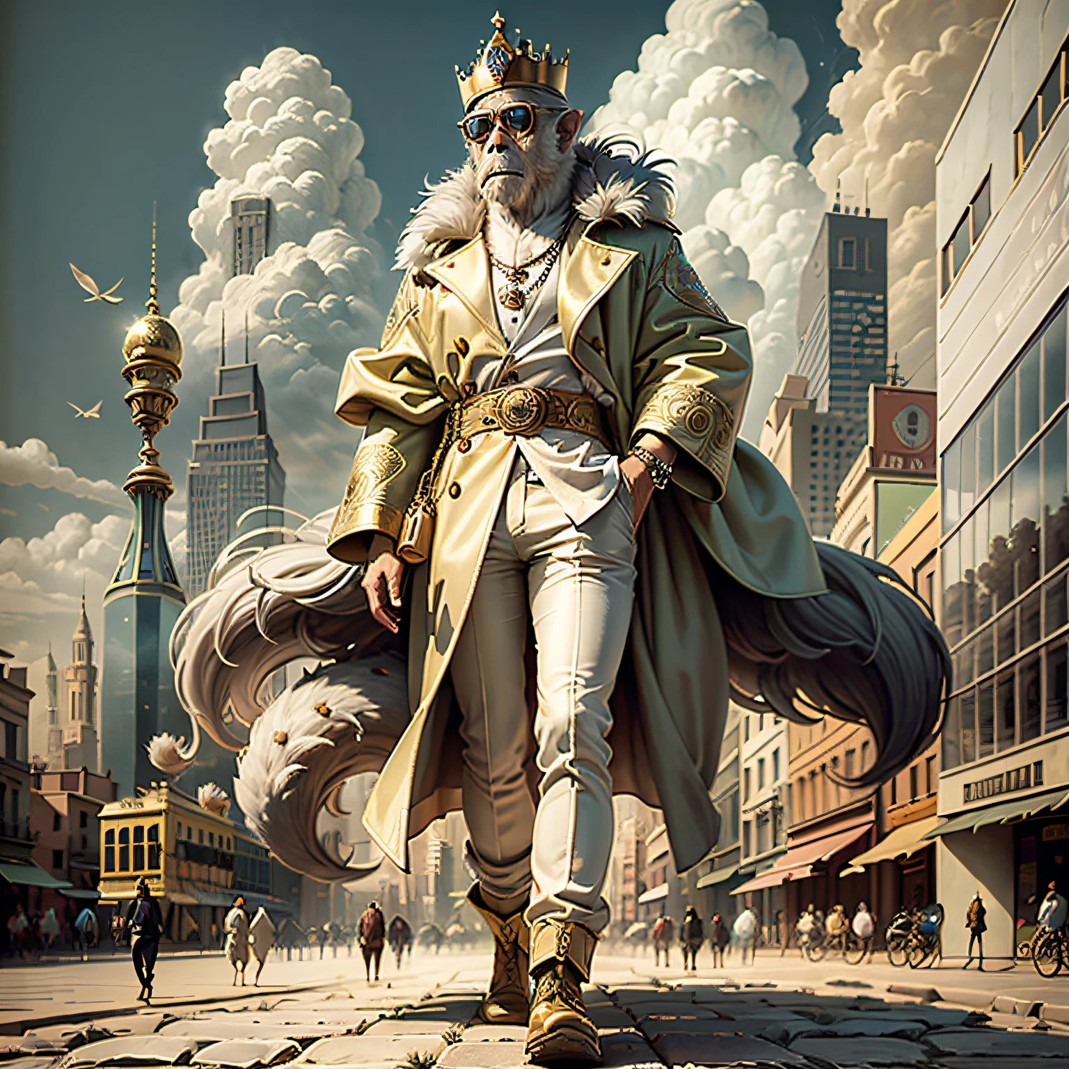 King of golden monkeys with a platinum crown on his head，Wearing a white mink coat，Stepping on colorful auspicious clouds，Wearing sunglasses，Colorful feathers, Facing the camera, Looking at the camera, In the heart of a bustling city, highly detailed intricate, ((Masterpiece)), hypersurreal, Masterpiece,Full of jewelry