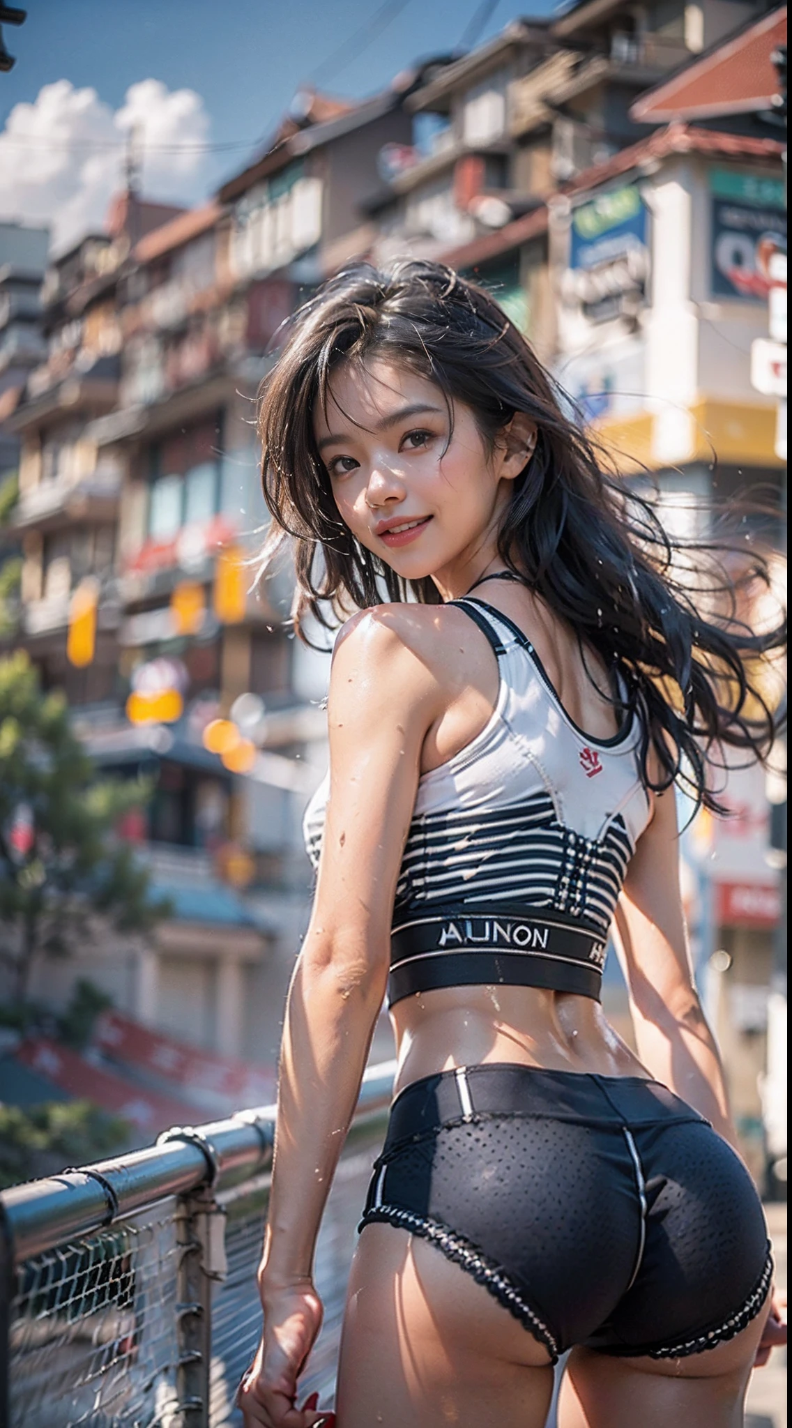 NSFW, 1girl in, (Well-formed face), (Ideal ratio body proportions), Modern old cityscape, Sunnyday, ((Vibrant poses)), (((sports wear))), (((Sportsbra)), Wet, Torn clothing, Smiling smile, de pele branca, A slender, Dark hair, short-hair, beauty legs, Small buttocks, surrealism, Cinematic lighting, depth of fields, One-person viewpoint, F/1.8, 135 mm, canon, nffsw, masutepiece, ccurate, Anatomically correct, Textured skin, Super Detail, high details, High quality, awardwinning, Best Quality, hight resolution, 1080p, 4K, 8K