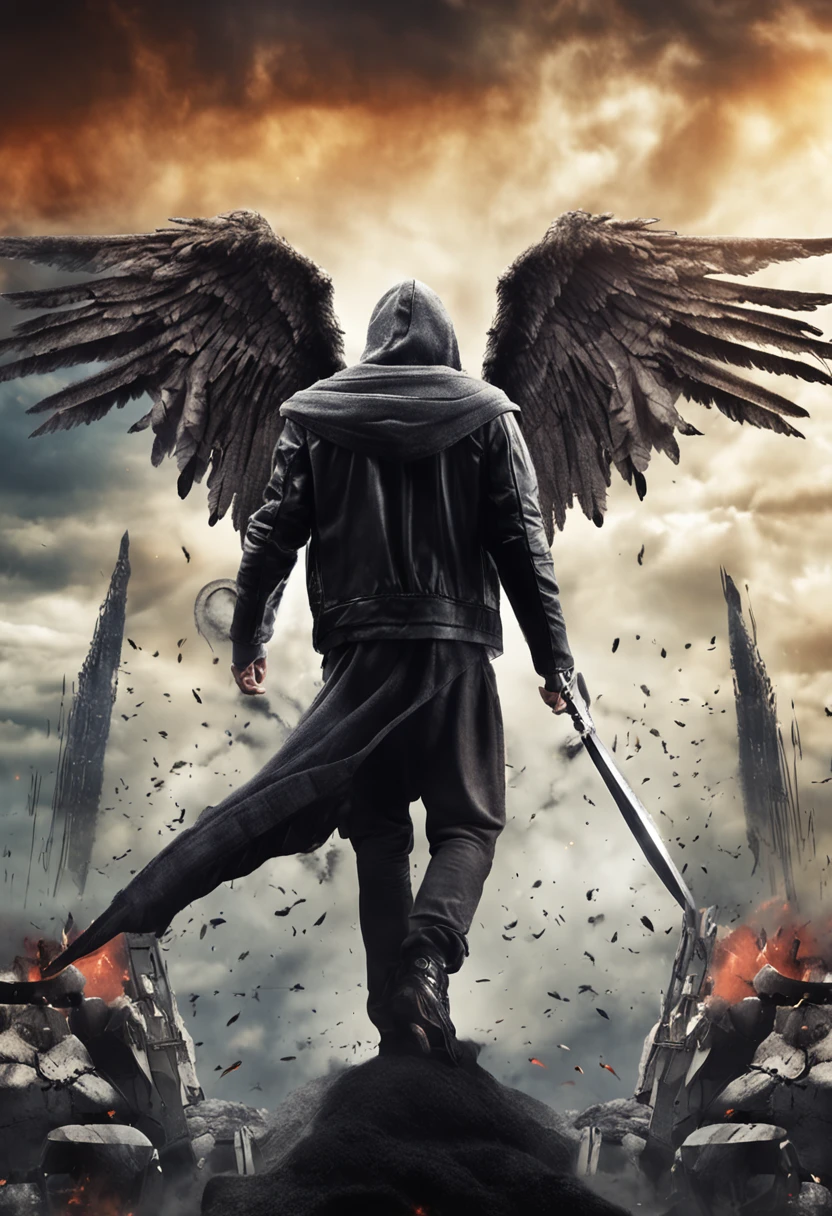 Realistic, 4k, Cinematic, Angel with large wings on his back, Black clothes, a sword, hood on the head against the background of the image of the war (Chaos), Masterpiece