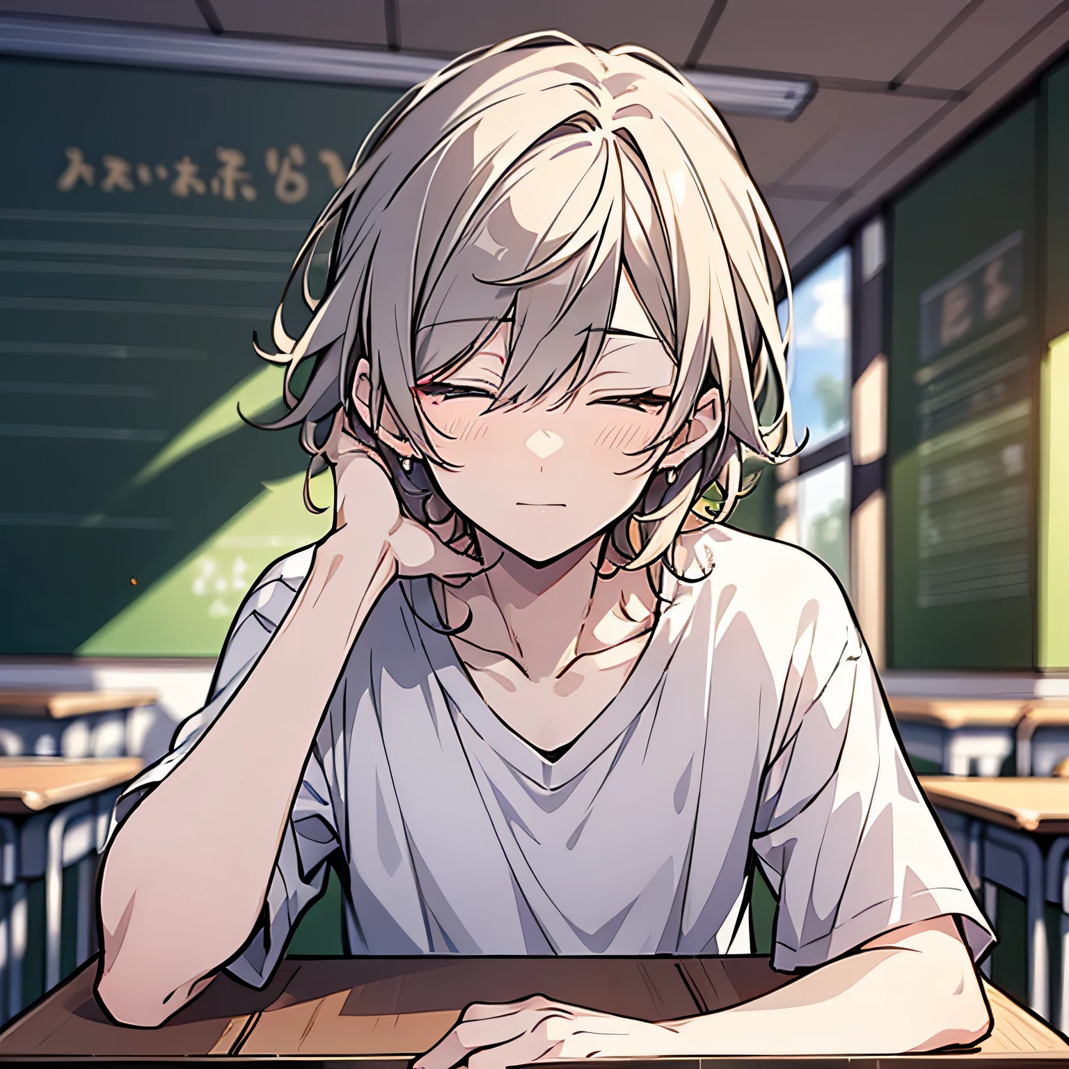 Around 18 years old, young anime man,short white hair 1.5,Wear a plain white shirt,Sit at a classroom desk and sleep on your stomach(Close your eyes1.5)(The background is in a classroom at school:1.5),Anime style 4K,Anime rendering,style of anime,8K fineness,(Upper body display:1.5)(Cinematic lighting:1.5)(Handsome anime boy 1.5)