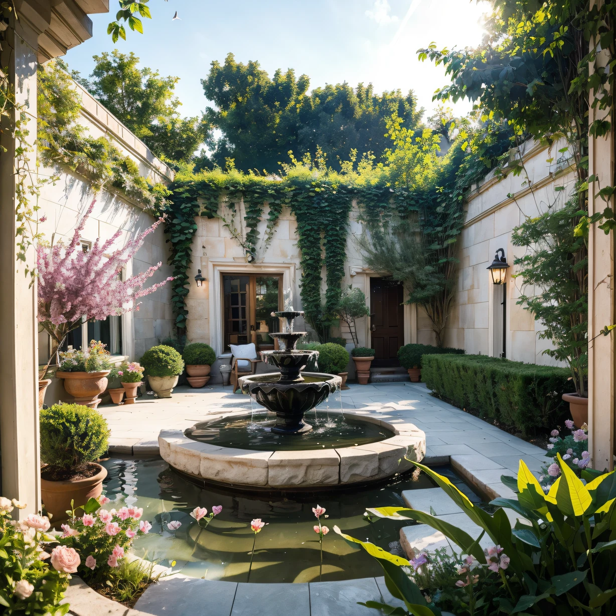 Reallightandshadow,Step into this fantastic courtyard,It is as if entering a poetic painting。Fluttering butterflies flutter among the blooming flowers,Bloom with colorful light。In the center of the courtyard is a beautiful fountain,Water droplets are as clear as diamonds,The petal-shaped spout gives off a fresh aroma,Reflect the whole space even more romantically。Lush greenery surrounds the courtyard,It brings a touch of coolness and vitality to people。Birdsong wafts in the sky,The notes jump in the air,It seems to add a touch of musical magic to this visual feast。When night falls,The courtyard is decorated with starry lights,It reflects a warm and romantic atmosphere,People can't help but take a nap。
