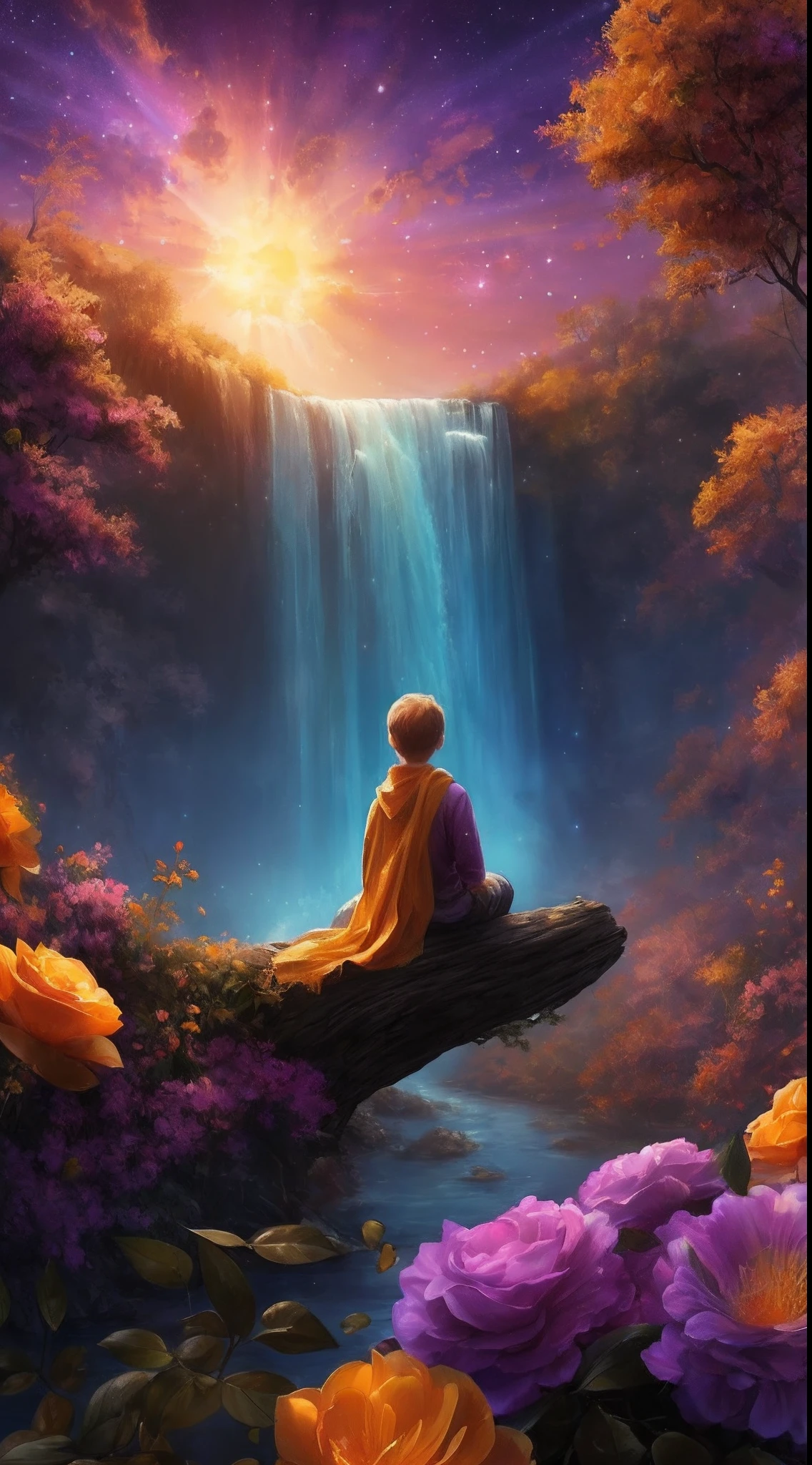 expansive landscape photograph, (a view from below that shows sky above and open field below), a little 9 years old blond boy with long sweatshirt and yellow scarf sitting on a trunk on yellow roses flower garden looking up, ( comet:0.9), (nebula:1.3), distant lake, tree of life, BREAK production art, (warm light source:1.3), lamp, lot of purple and orange, intricate details, volumetric lighting, realism BREAK (masterpiece:1.2), (best quality), 4k, ultra-detailed, (dynamic composition:1.4), highly detailed, colorful details, ( iridescent colors:1.2), (glowing lighting, atmospheric lighting), dreamy, magical, (solo:1.2), magical beautiful waterfall, windy