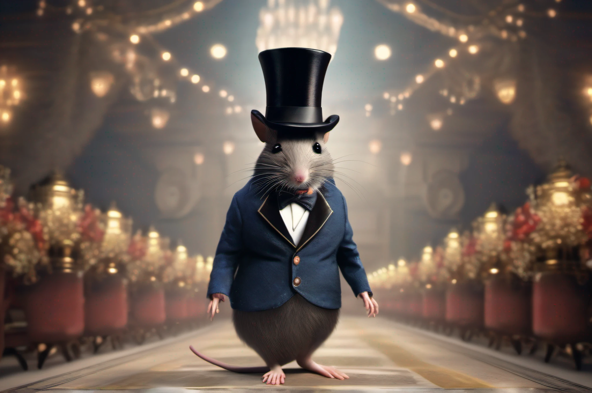 RAW photo, best,masterpiece, best quality, high quality, extremely detailed,image of a mouse in a top hat, dressed in fancy clothes, walking down a fashion runway, hyper realistic detailed rendering, graceful pose, professional lighting, intricate details