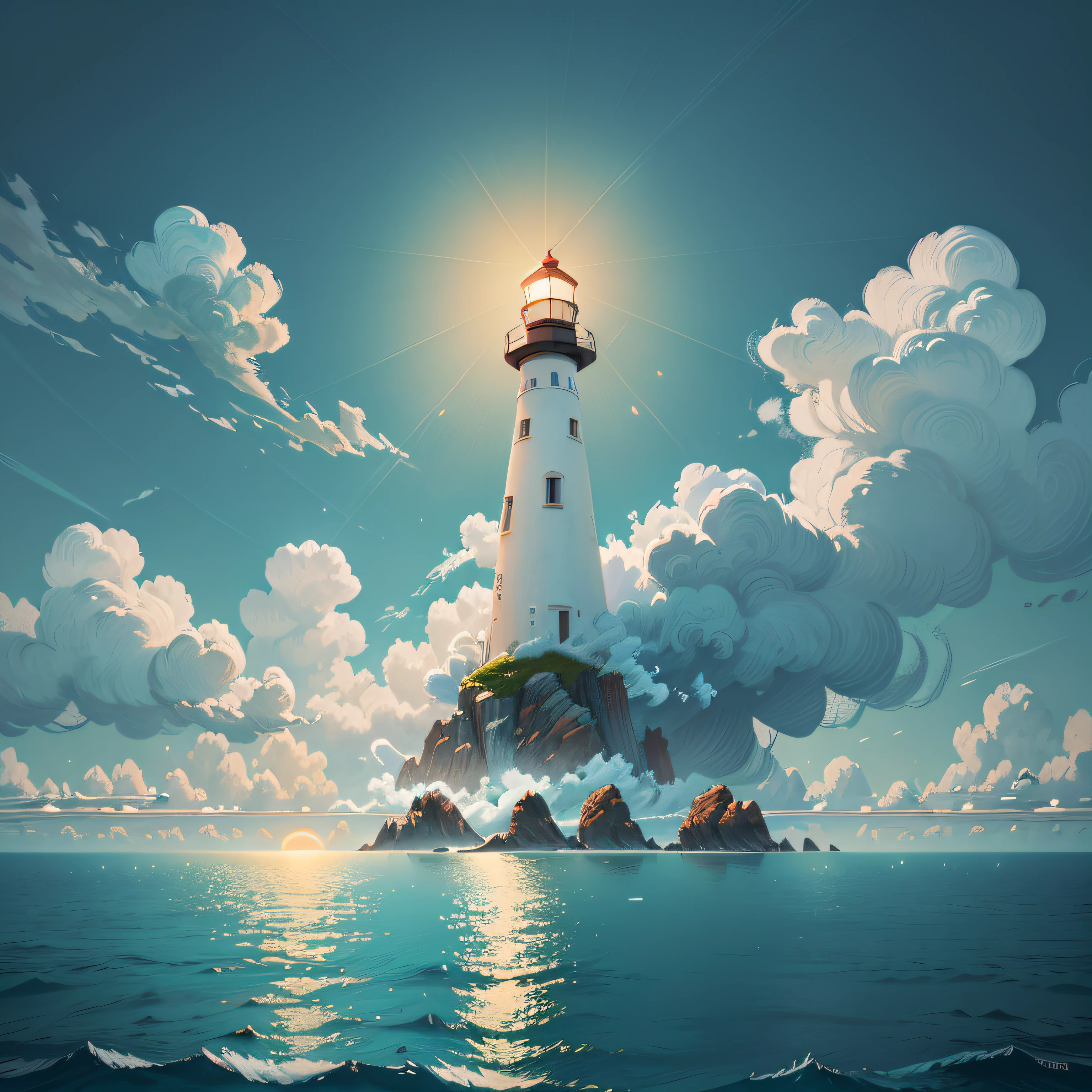 cloudless sky，White clouds，The vastness of the ocean，The rising sun，The lighthouse is in the middle of the sea