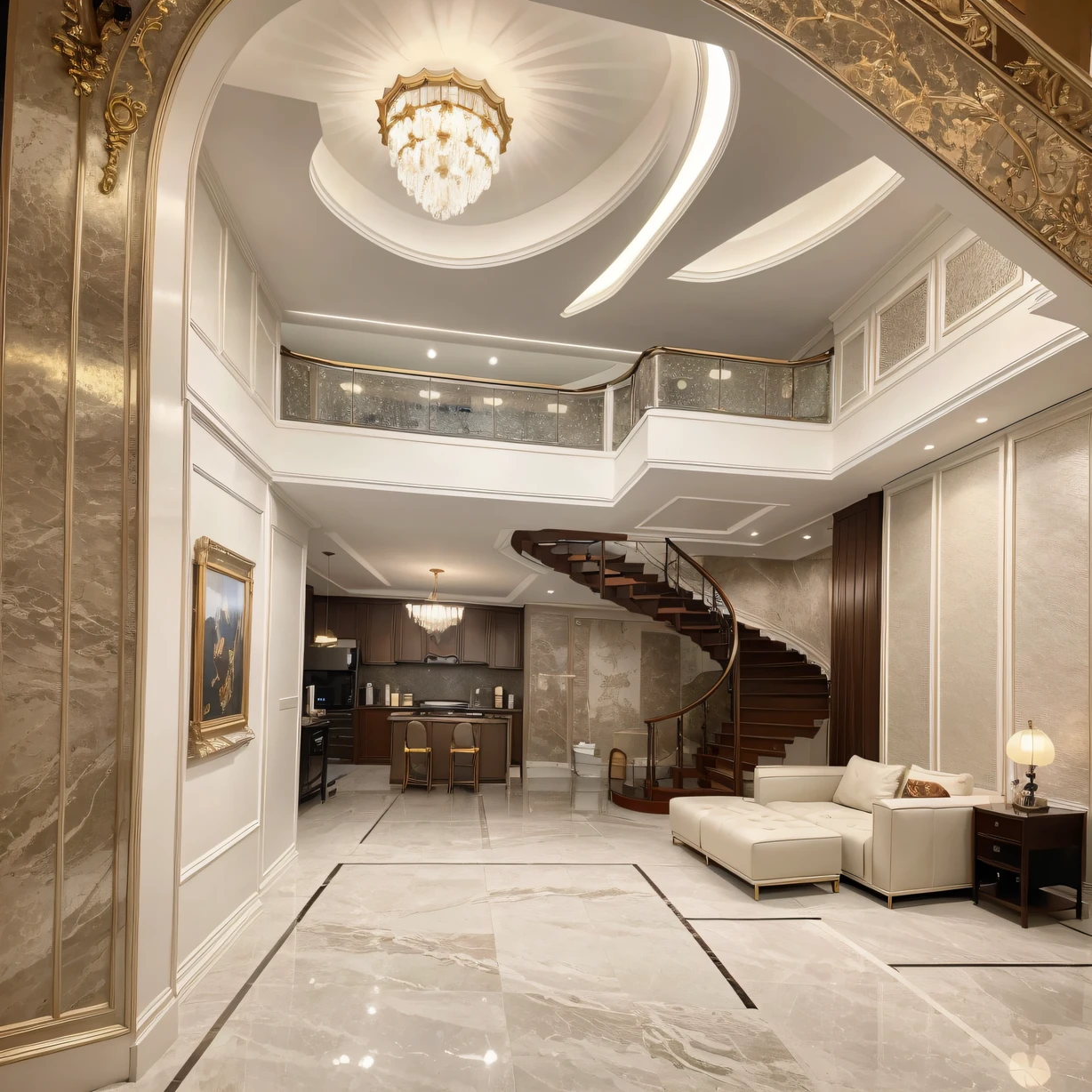 Reallightandshadow,Walk through the huge wrought iron foyer,You are in the world of this duplex suite。The bedroom on the top floor is like a starry wonderland,The ceiling is dotted with hundreds of small lamps,It was as if countless bright stars shone in the night sky,Creates endless romance and mystery。One wall of the bedroom is designed with panoramic glass,It is possible to enjoy the beautiful view outside without obstruction。Descend down the stairs,You come to the living room on the first floor。The luxurious marble floors exude a cold aristocratic atmosphere,The soft leather sofa and plush carpet offer unparalleled comfort。A huge abstract painting hangs on the wall of the living room,It gives people a peculiar and shocking visual impact。This suite comes with a separate kitchen and toilet,All facilities,It fully meets the needs of high-end life。Whether it's taking in the beautiful scenery or enjoying your leisure time in this luxurious duplex suite,will make people yearn for and look forward to it。