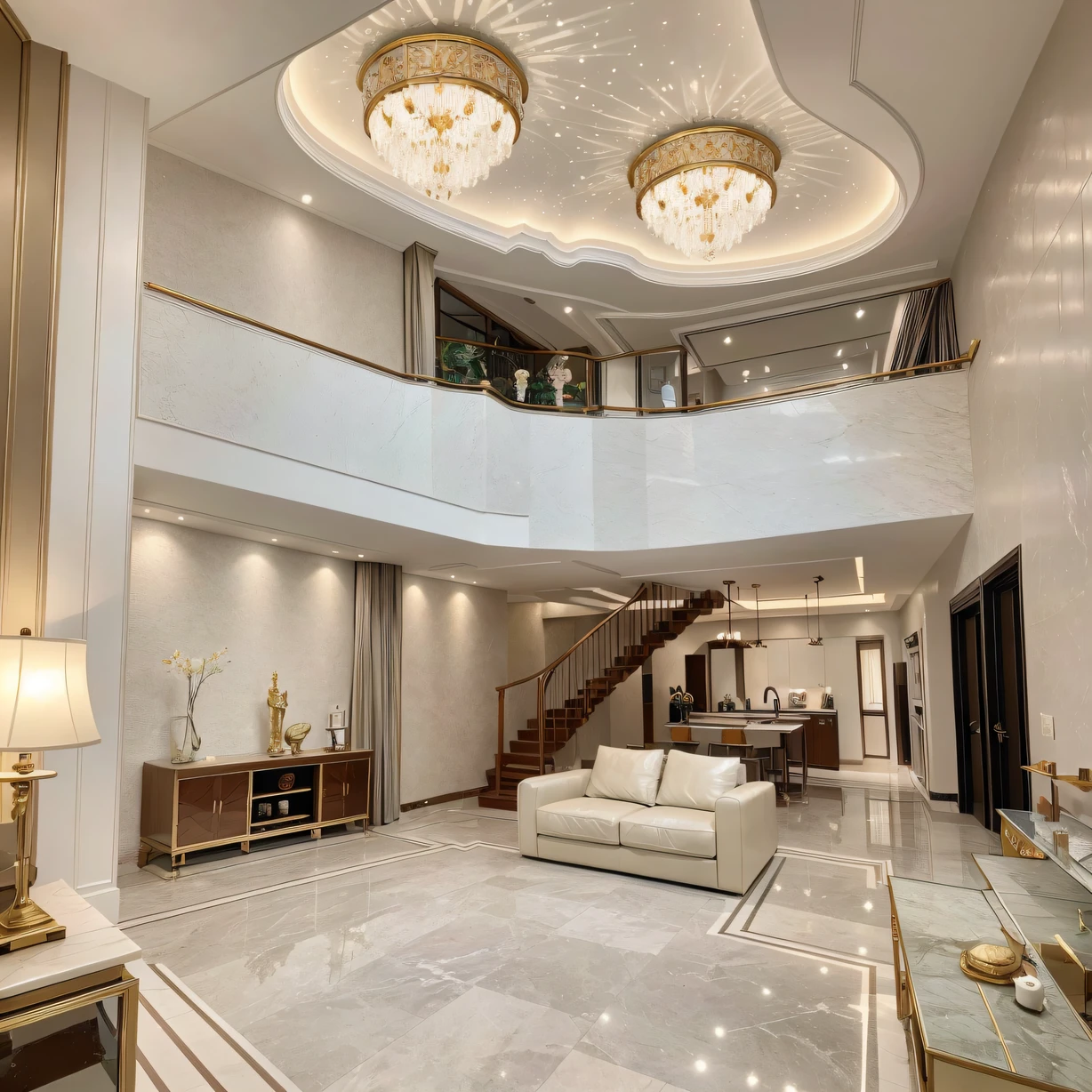 Reallightandshadow,Walk through the huge wrought iron foyer,You are in the world of this duplex suite。The bedroom on the top floor is like a starry wonderland,The ceiling is dotted with hundreds of small lamps,It was as if countless bright stars shone in the night sky,Creates endless romance and mystery。One wall of the bedroom is designed with panoramic glass,It is possible to enjoy the beautiful view outside without obstruction。Descend down the stairs,You come to the living room on the first floor。The luxurious marble floors exude a cold aristocratic atmosphere,The soft leather sofa and plush carpet offer unparalleled comfort。A huge abstract painting hangs on the wall of the living room,It gives people a peculiar and shocking visual impact。This suite comes with a separate kitchen and toilet,All facilities,It fully meets the needs of high-end life。Whether it's taking in the beautiful scenery or enjoying your leisure time in this luxurious duplex suite,will make people yearn for and look forward to it。