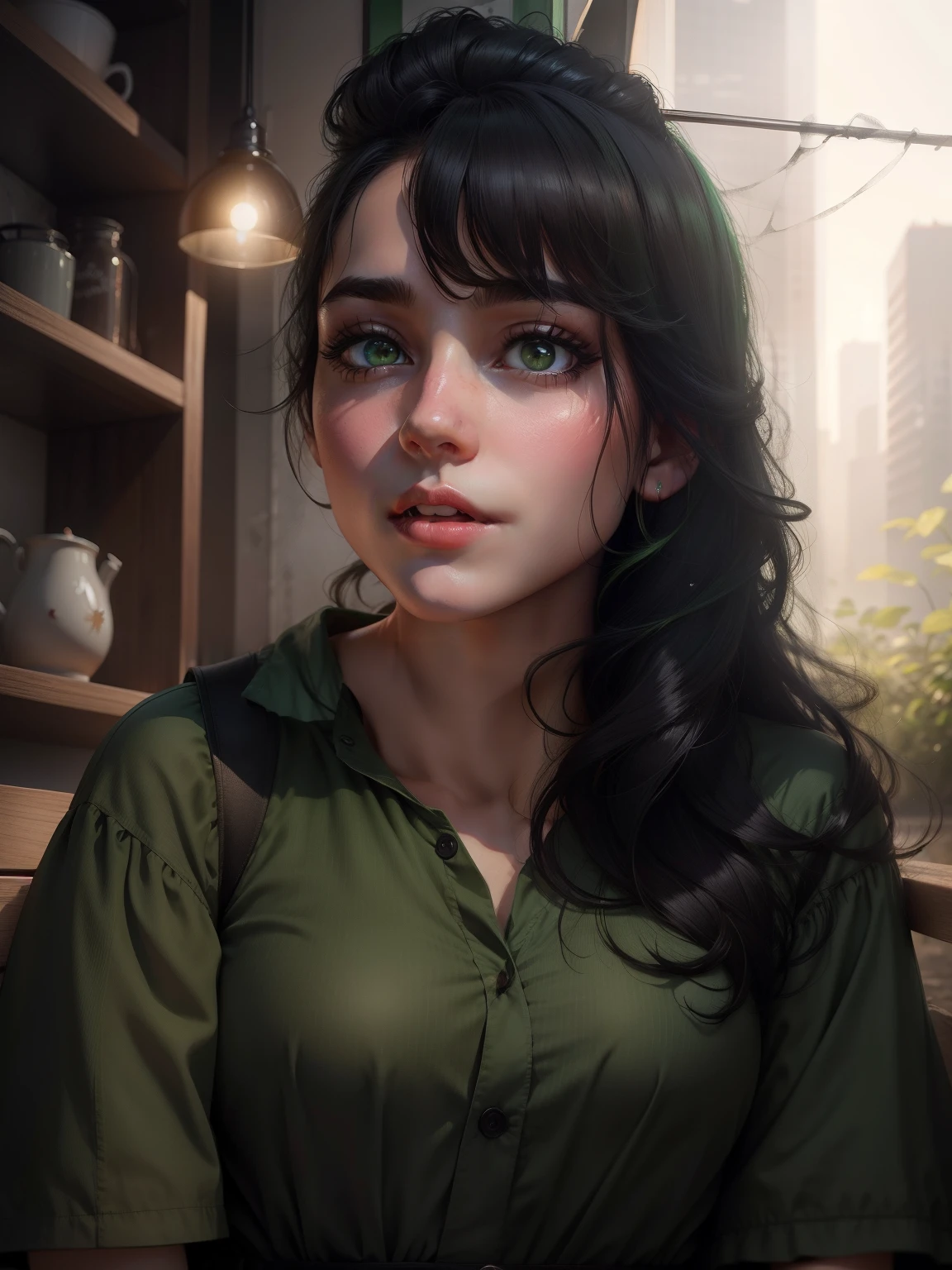 Realistic face black hair green dress cute girl 4k ultra