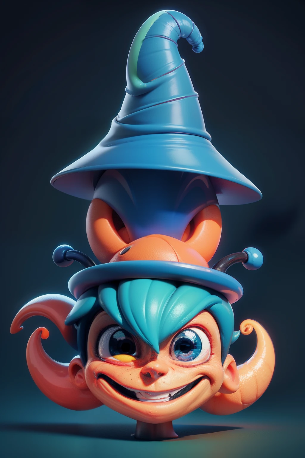 Funny dark blue alien, wearing an orange snail hat on top of his head, green hair, exaggerated laugh, clean background, good shine, cartoon style, simple strokes, comic style, blind box, close-up, centered composition, clean black-blue-red background, 3D rendering , OC rendering, best quality, 4K, face detail