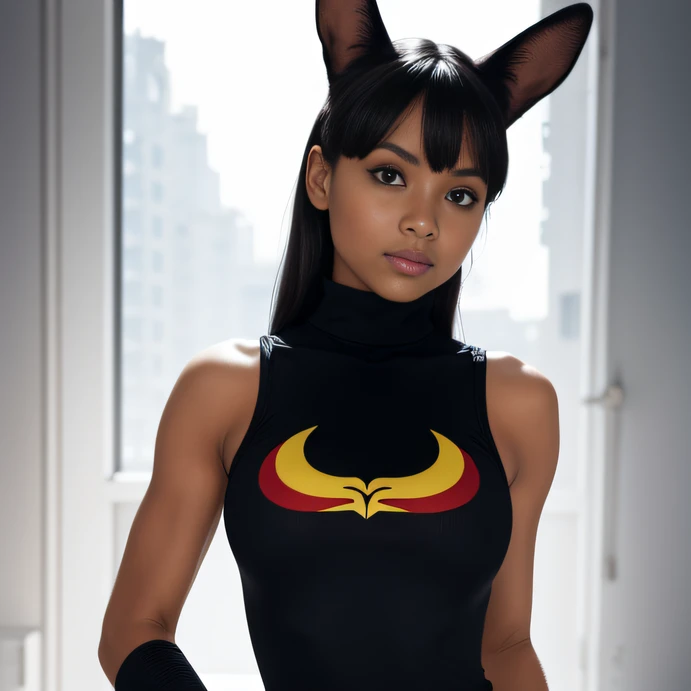 ((masterpiece)), (best quality), official art, extremely detailed CG, unity 8k wallpaper, ultra detailed, highly detailed, detailed background, vivid color, photorealistic, perfect lighting, best illumination, mirko mha, dark-skinned female, gloves, bare shoulders, long eyelashes, large breasts, sleeveless, white leotard, sleeveless turtleneck, 1girl, rabbit girl, red eyes, crescent print, leotard, turtleneck, hand on hip, simple background, parted bangs, white background, thick thighs, highleg leotard, animal ears, muscular, muscular female, turtleneck leotard, white gloves, rabbit ears, looking at viewer, solo, tail, highleg, white hair, sleeveless turtleneck leotard, long hair, thighhighs, fur collar, dark skin, covered navel, thighs,
