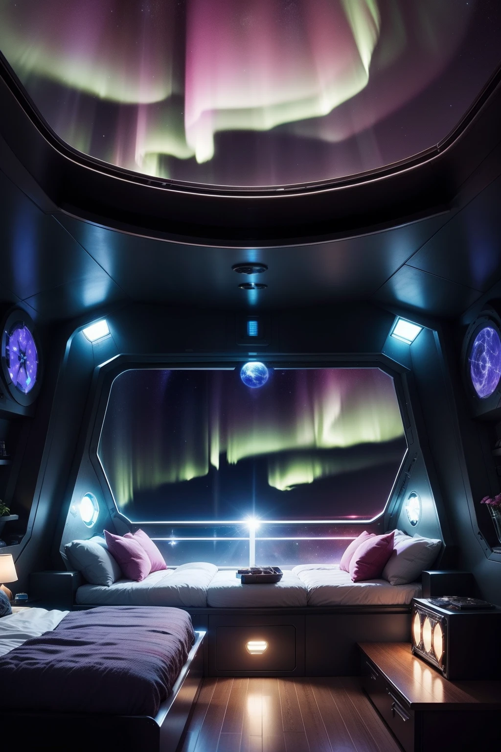 Space dock,Starship moored,Beautiful earth aurora background in the distance,In the daytime,The interior of the cabin is shiny and has bright colored lights,Comfortable shade helps sleep,Bedroom was well furnished,There are flowers and plants,There is a spiral ladder,Multiple large glass windows,Low-angle surround shooting