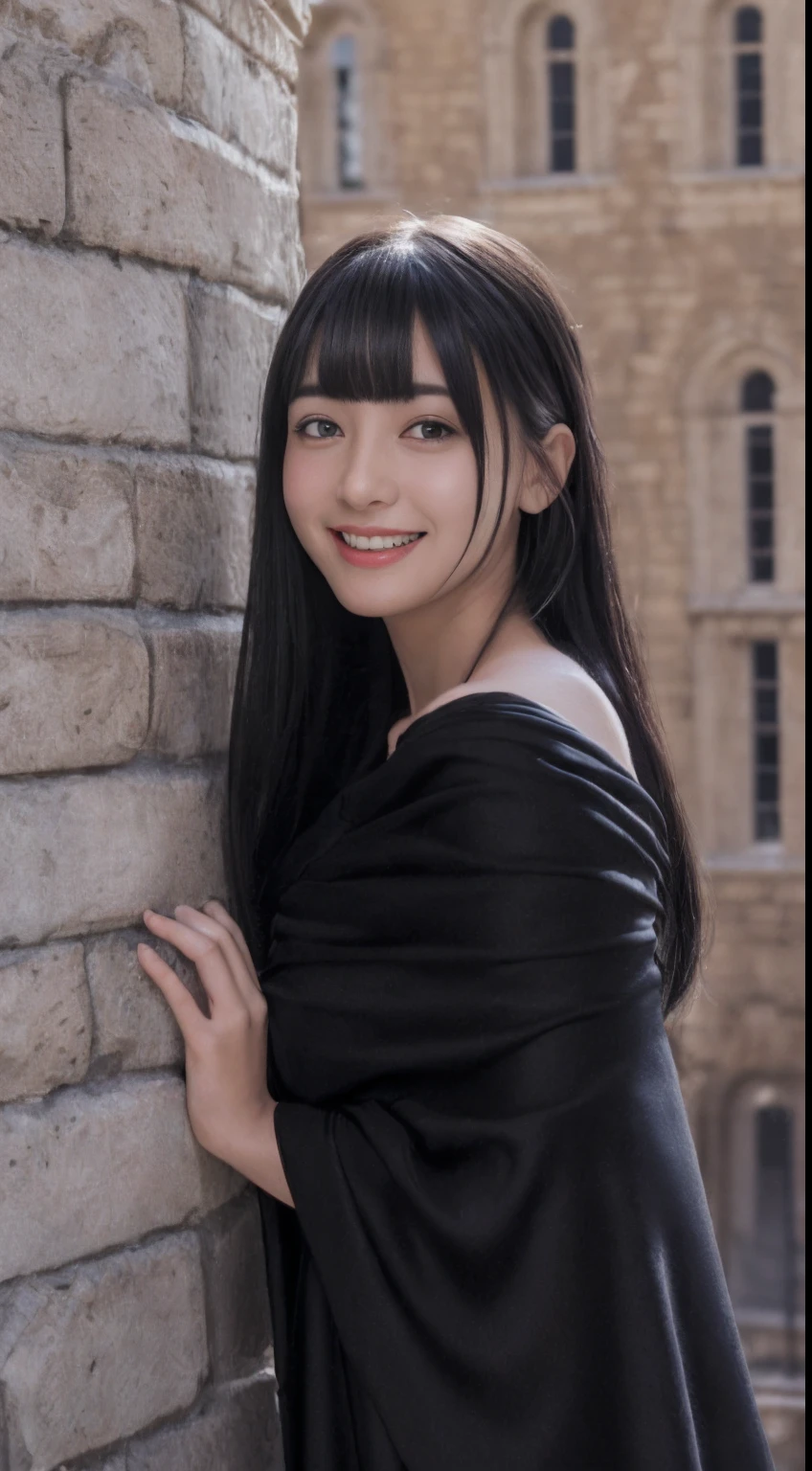 (A hyper-realistic)、(illustratio)、(hight resolution)、(8K)、(ighly detailed)、(Best Illustration)、(beautifully detailed eyes)、(top-quality)、(ultra-detailliert)、(masterpiece)、(wall-paper)、(A detailed face)、独奏、1 girl in、looking at viewert、fine detailed、A detailed face、in the darkness nigth、deep-shadows、lowkey、pureerosfaceace_v1、A smile、long、Black shawl straight hair、46-point diagonal bangs, (silk dresses、long skirt)(off shoulders)View of the castle、、Stand against the wall