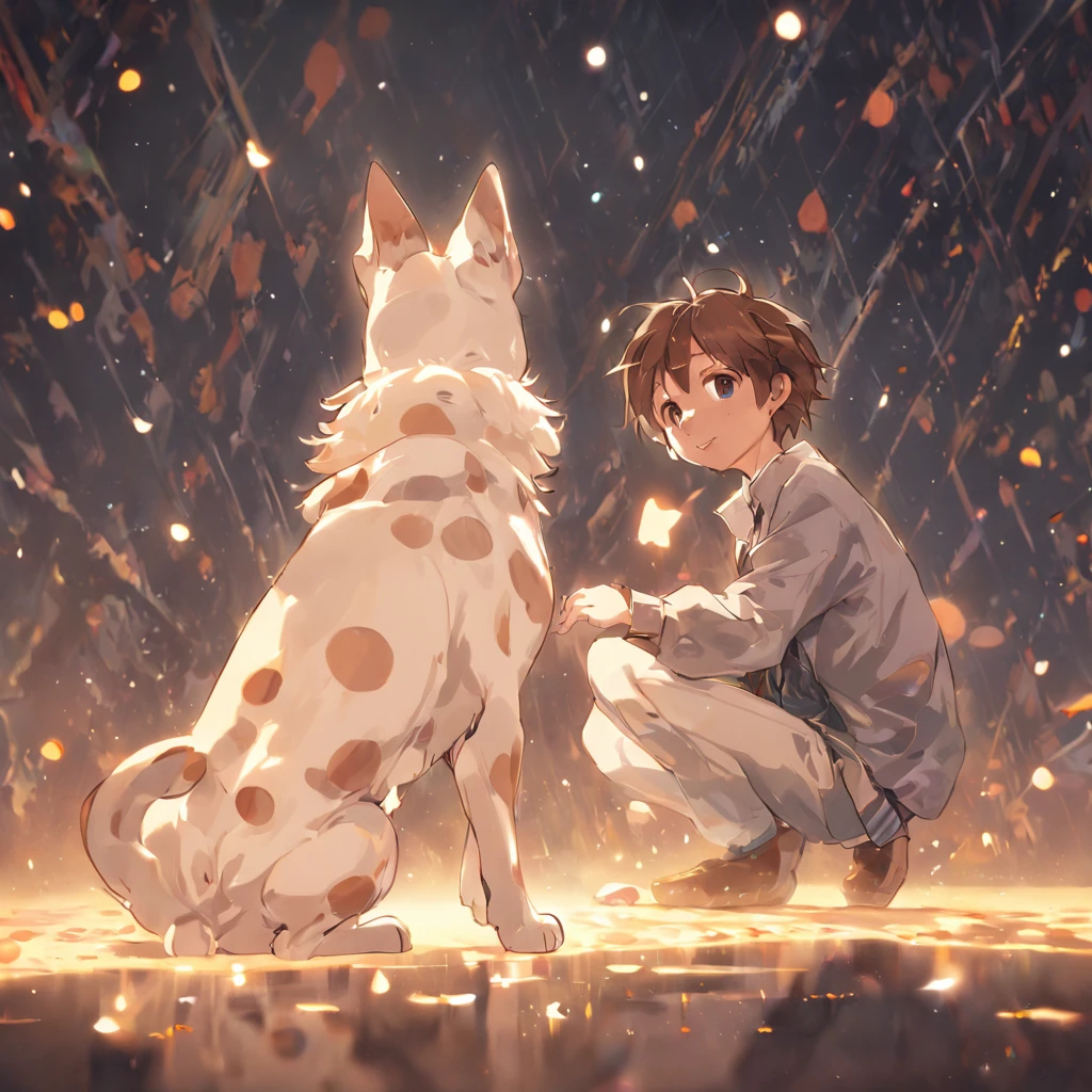 A white and brown puppy plays with a glowing polka dot next to its owner,A 27-year-old man,pale brown hair;
