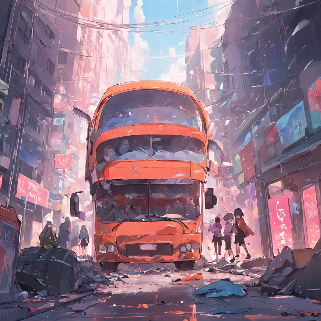 Real bus,On the street,Crash,disaster,Fragmentation,disintegration,Overturned,Realistic background,Background of details