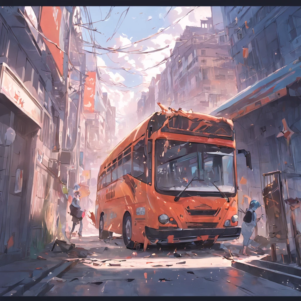 Real bus，On the street，Crash，disaster，Fragmentation，disintegration，Overturned，Realistic background，Background of details