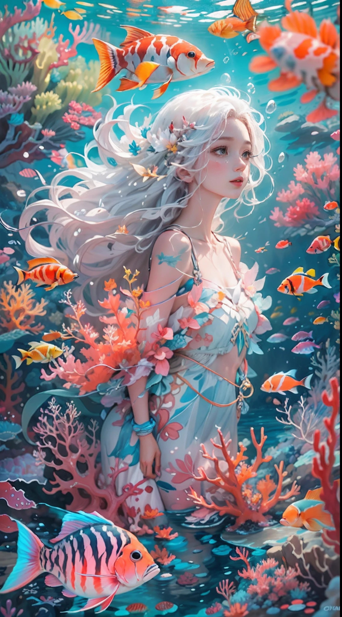 Conceptual art of marine life, Undersea landscape, Marine life,Beautiful coral reefs come in different shapes, 。.3D,, Fish, Female animated fantasy illustration. Long white hair scattered in the sea, Drift, Very harmonious. The whole painting adopts a messy and imaginative painting style. The colors are bright and saturated, line sleek. The mystery and beauty of the ocean, The painting depicts an underwater world full of life and vitality, Animated art wallpaper 8 K