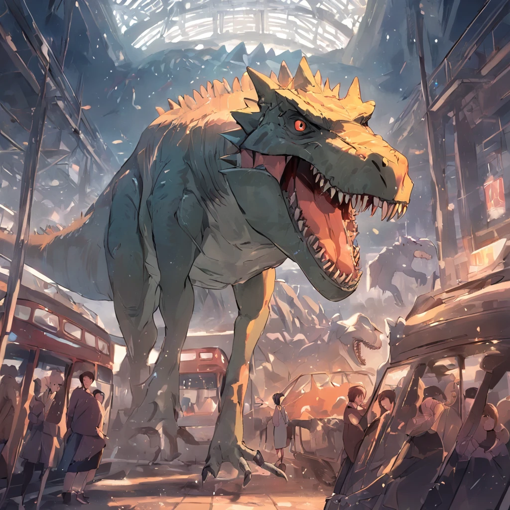 Dinosaurs carry wolves,Museum,nigth,Open your mouth,irate,And the bus in one picture,Collision with a bus,strike,The action is exaggerated