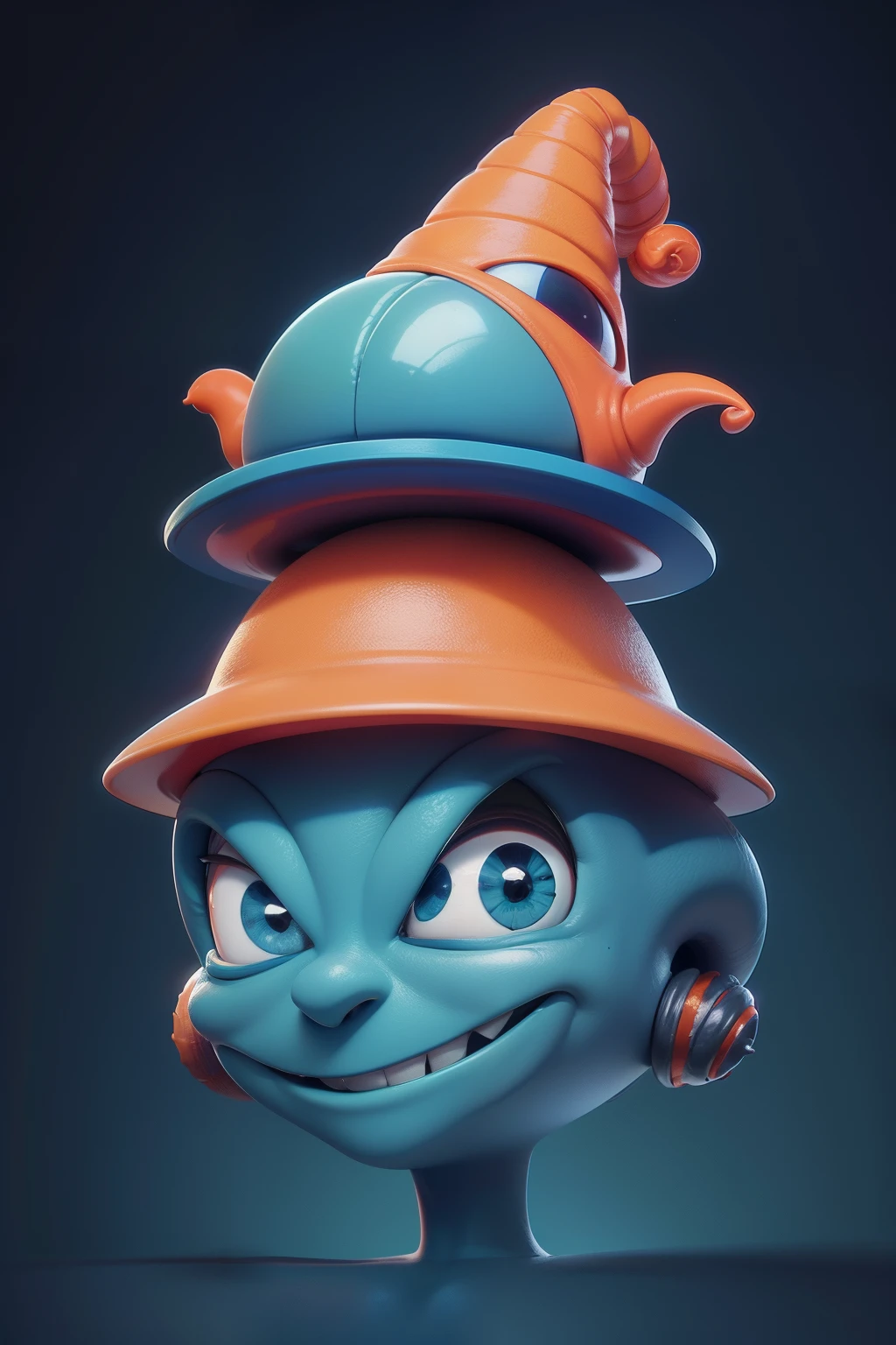 Funny dark blue alien, wearing an orange snail hat on top of his head, green hair, exaggerated laugh, clean background, good shine, cartoon style, simple strokes, comic style, blind box, close-up, centered composition, clean black-blue-red background, 3D rendering , OC rendering, best quality, 4K, face detail