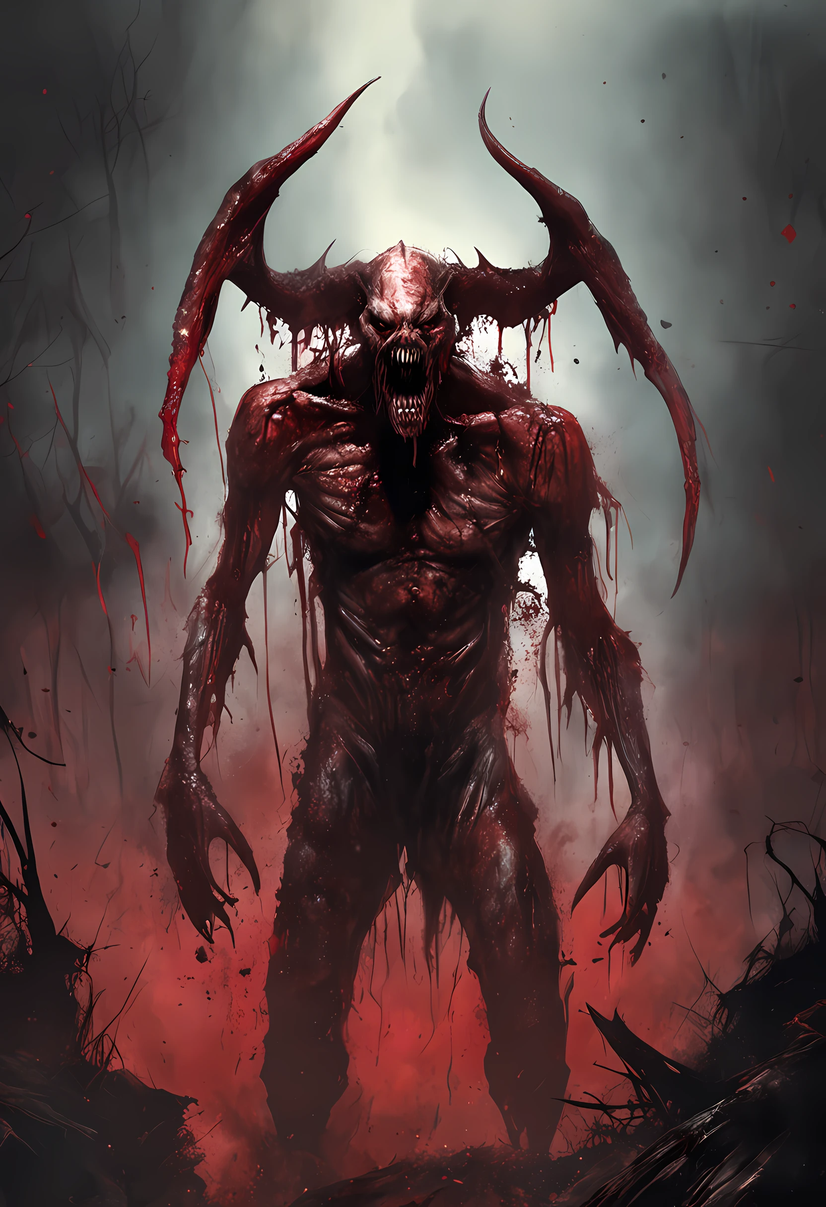 Painting of a demonic creature with a bloodied face and a bloodied head, Carnage, Sci - The Art of Horror Fiction, sci-fi horror artwork, inspired by Aleksi Briclot, The fangs of the carnage, Horror art in the fantasy genre, by Aleksi Briclot, horror concept art, venom, Fantasy and horror art, Detailed illustration of 4K horror, Demonic creature, dark fantasy horror art