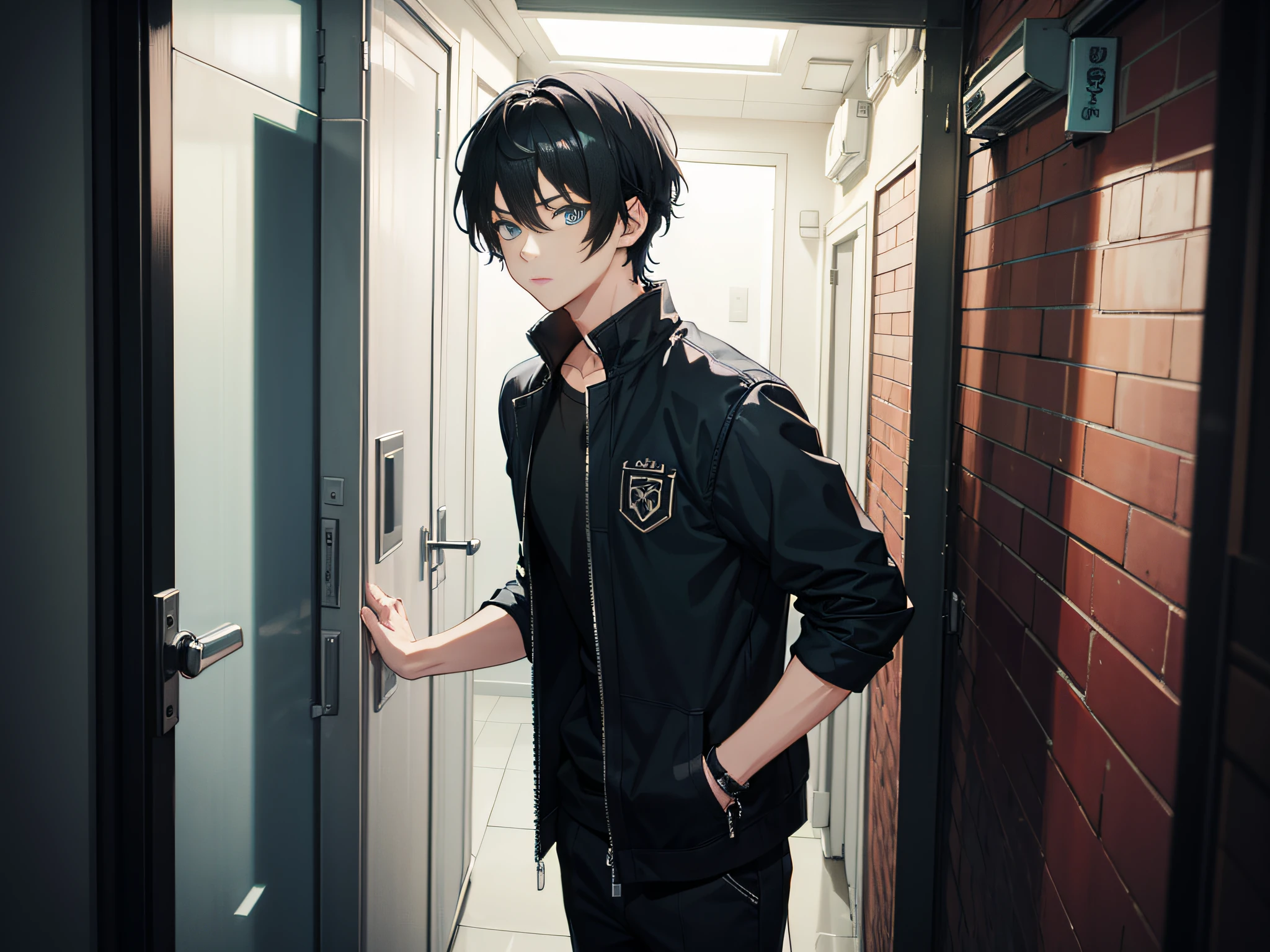 One boy is 20 years old,Black color hair,blue color eyes,Handsome,Bring the case,Get out the door,Illustration anime style,Dark 4K, hyper HD, Masterpiece