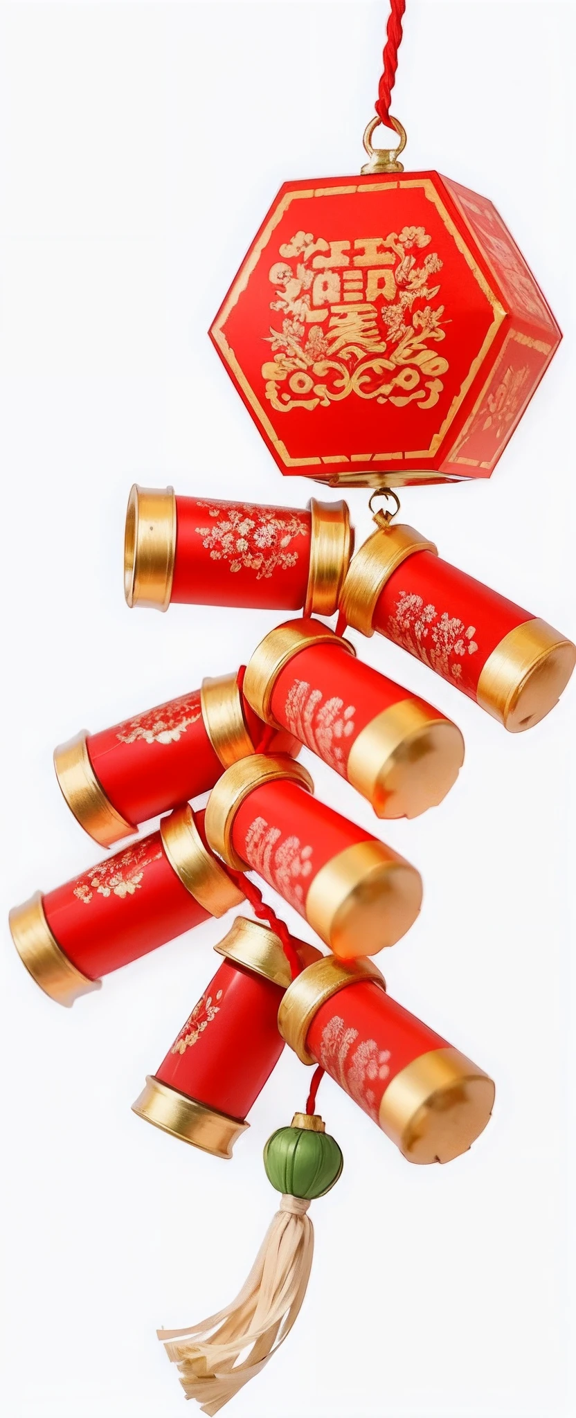 Red and gold ornaments hang from the rope, Floating China, , Chinese lanterns, image, drawn image, hd illustration, Chinese New Year in Shanghai, Chinese style, Fireworks, Red lanterns, Hong Kong, shaxi, Chinese art, isolated on a white background, high-quality photo, celebrating,