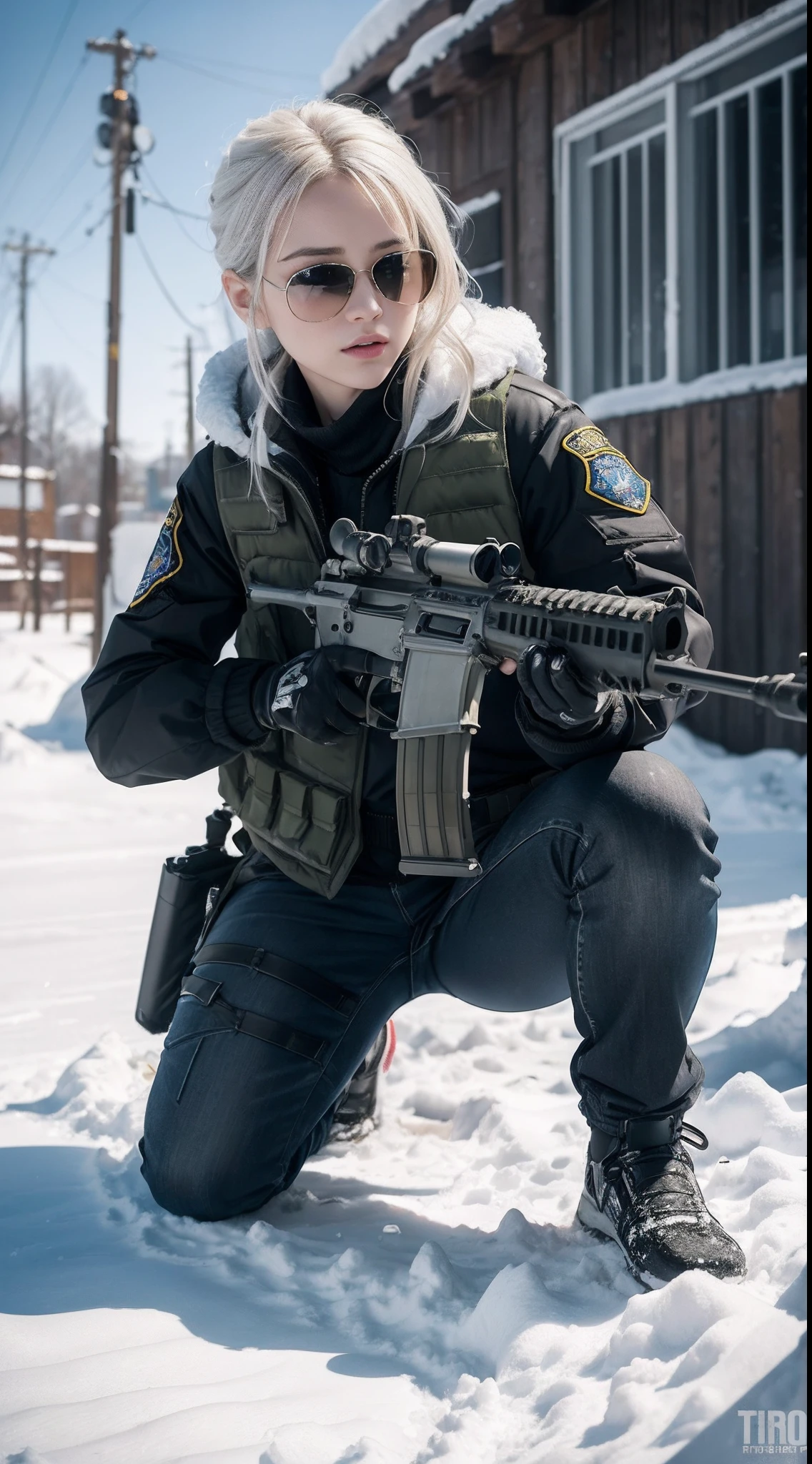 ((best quality)), (masterpiece), photorealistic, photorealism, 1girl kneeling and aiming with an ak-47 assault rifle, Photorealistic, high resolution,Snow background, looking to the camera, (Detailed face), White hair, SWAT vests, Gun, jewelry,black gloves, sunglasses on Head, Fingers are occluded