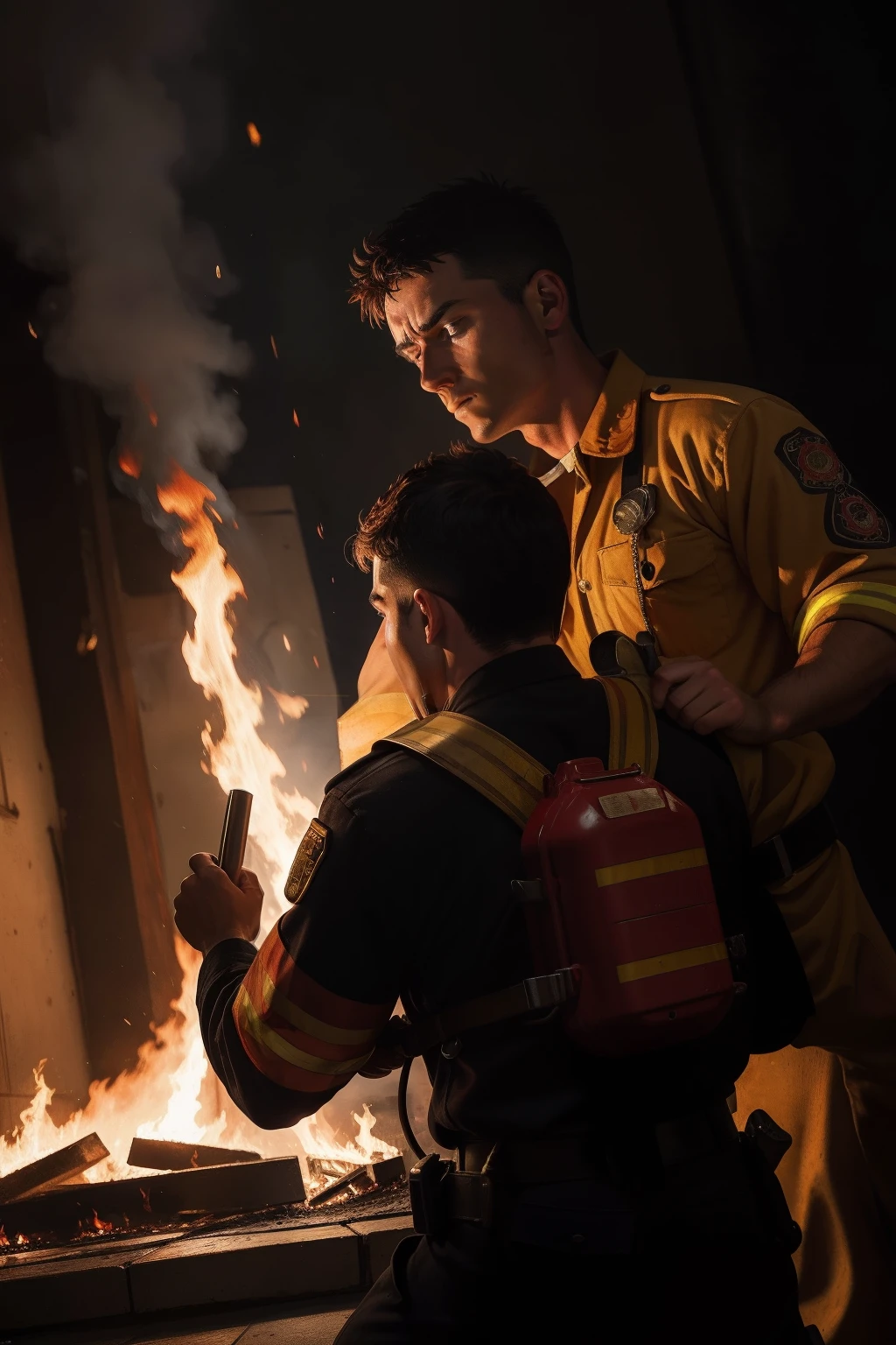 A dramatic moment of a firefighter bravely battling flames, captured in the intense and emotional style of Caravaggio.