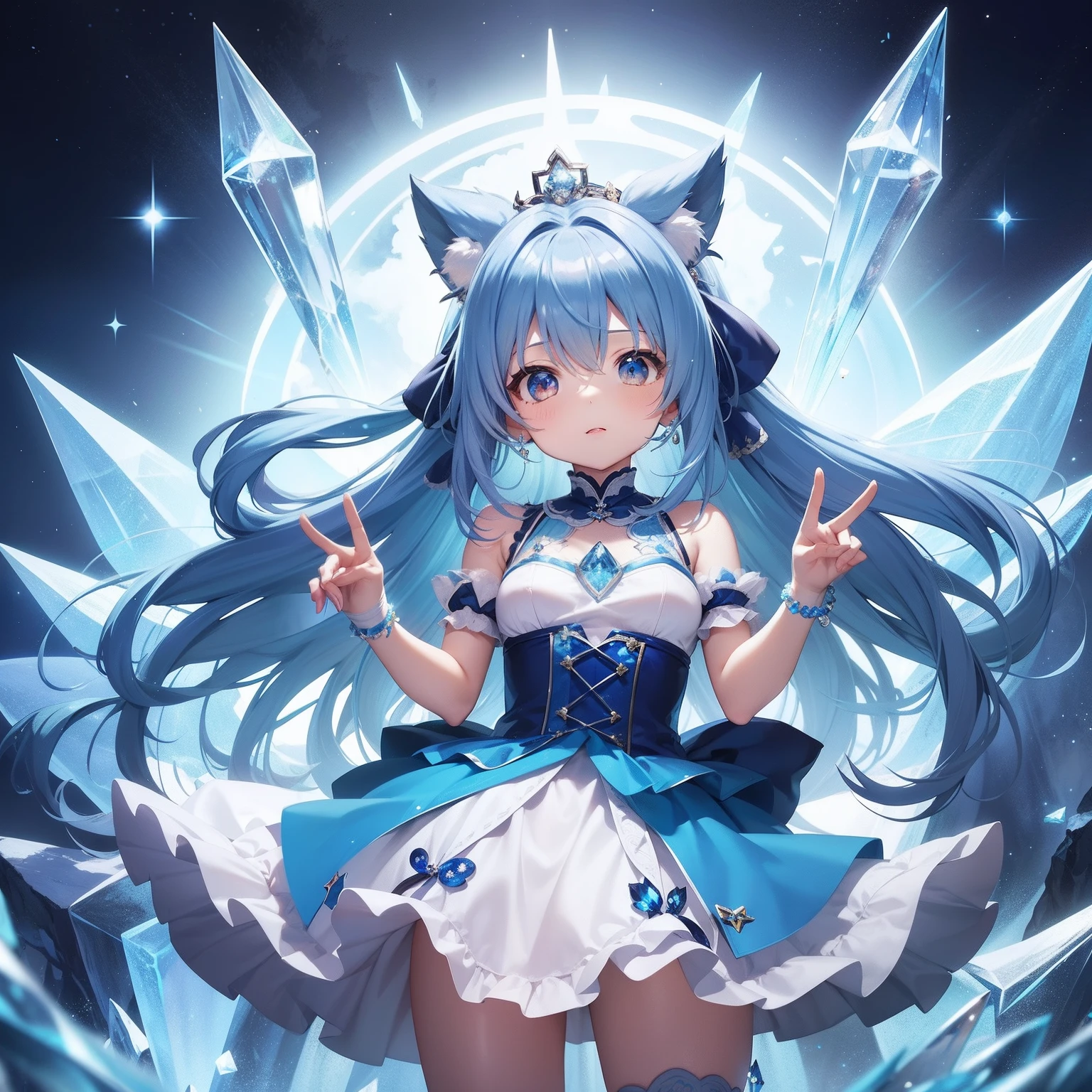 (masterpiece, best quality, very aesthetic, absurdres, general), 1 girl, cat ear, long ponytail, cute, kawaii, blunt bangs,focus on the face, fisheye, particles of light,knee shot shot,medium ,destroy ,Grassland,smaller breaststhat emphasizes the chest,Witch,burn the ice block