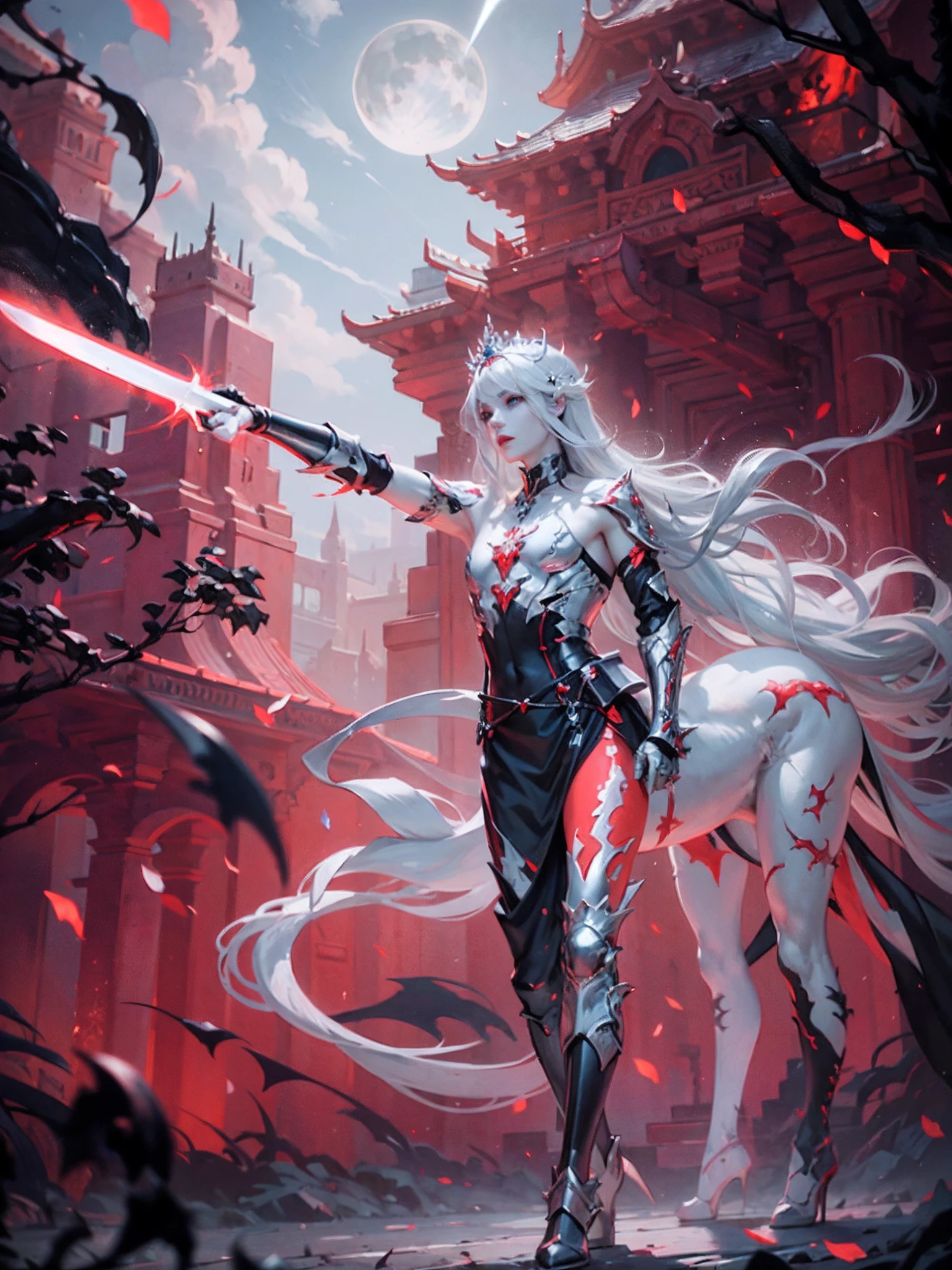 Male 1、Prince with long silver hair、Red glowing eyes and white skin、wearing a dragon tiara、The part of the black sword blade that has is、Runes are engraved from the base to the tip of the blade、Glows pale and white、Wearing monotone black armor with decorations、Two moons, White and red, float in the background